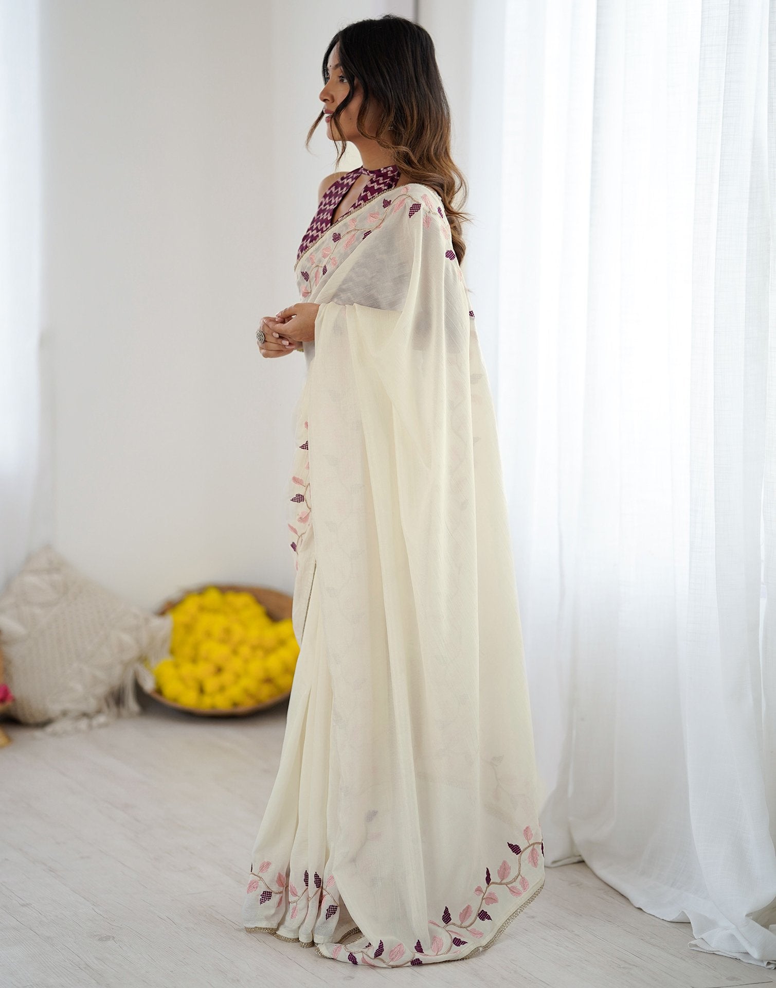 Off White Silk Embroidery Saree