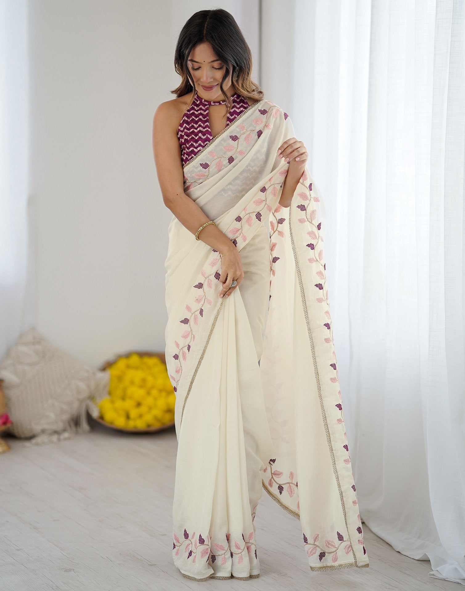 Off White Silk Embroidery Saree