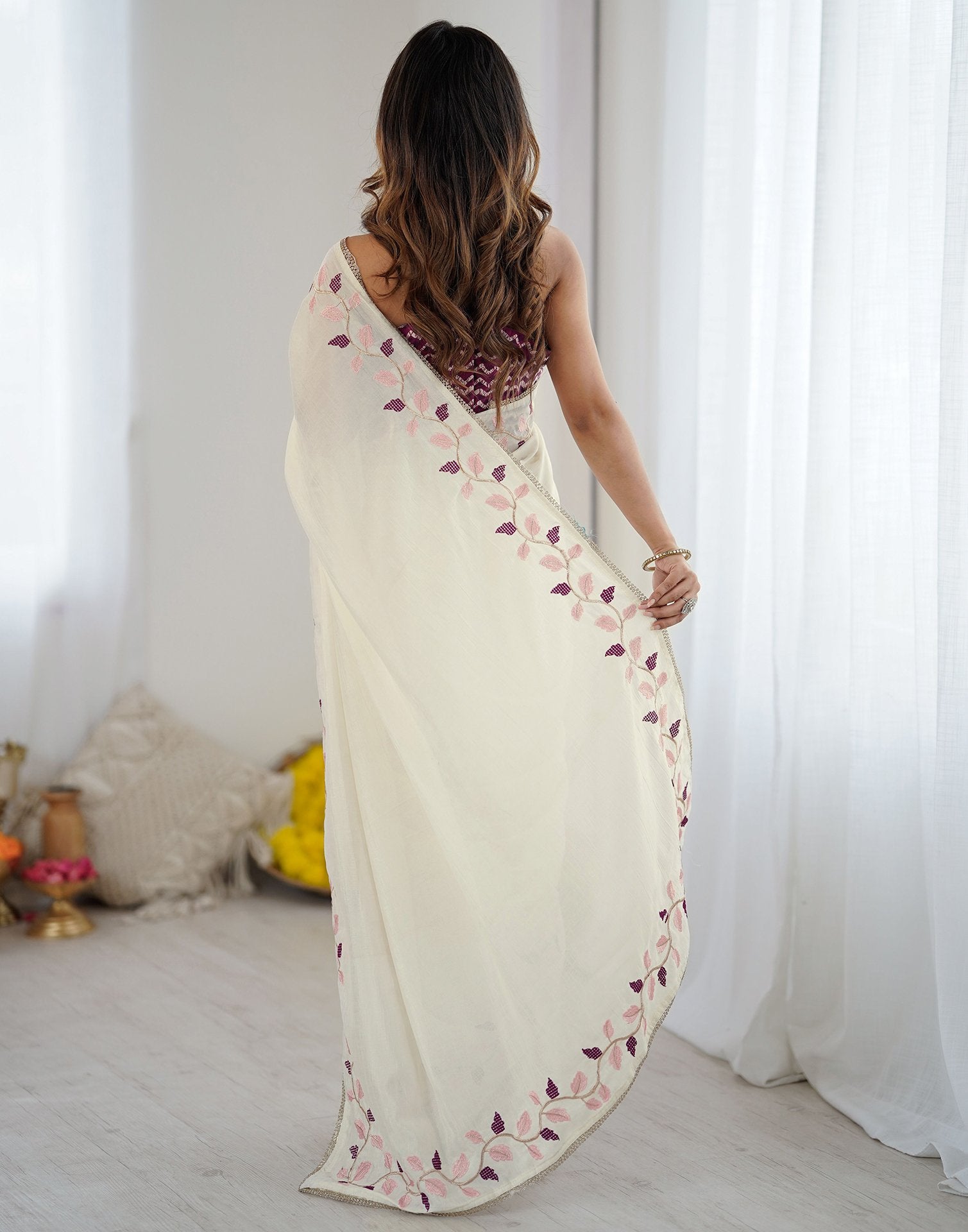 Off White Silk Embroidery Saree