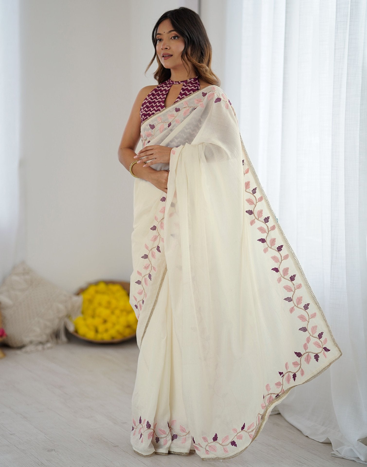 Off White Silk Embroidery Saree