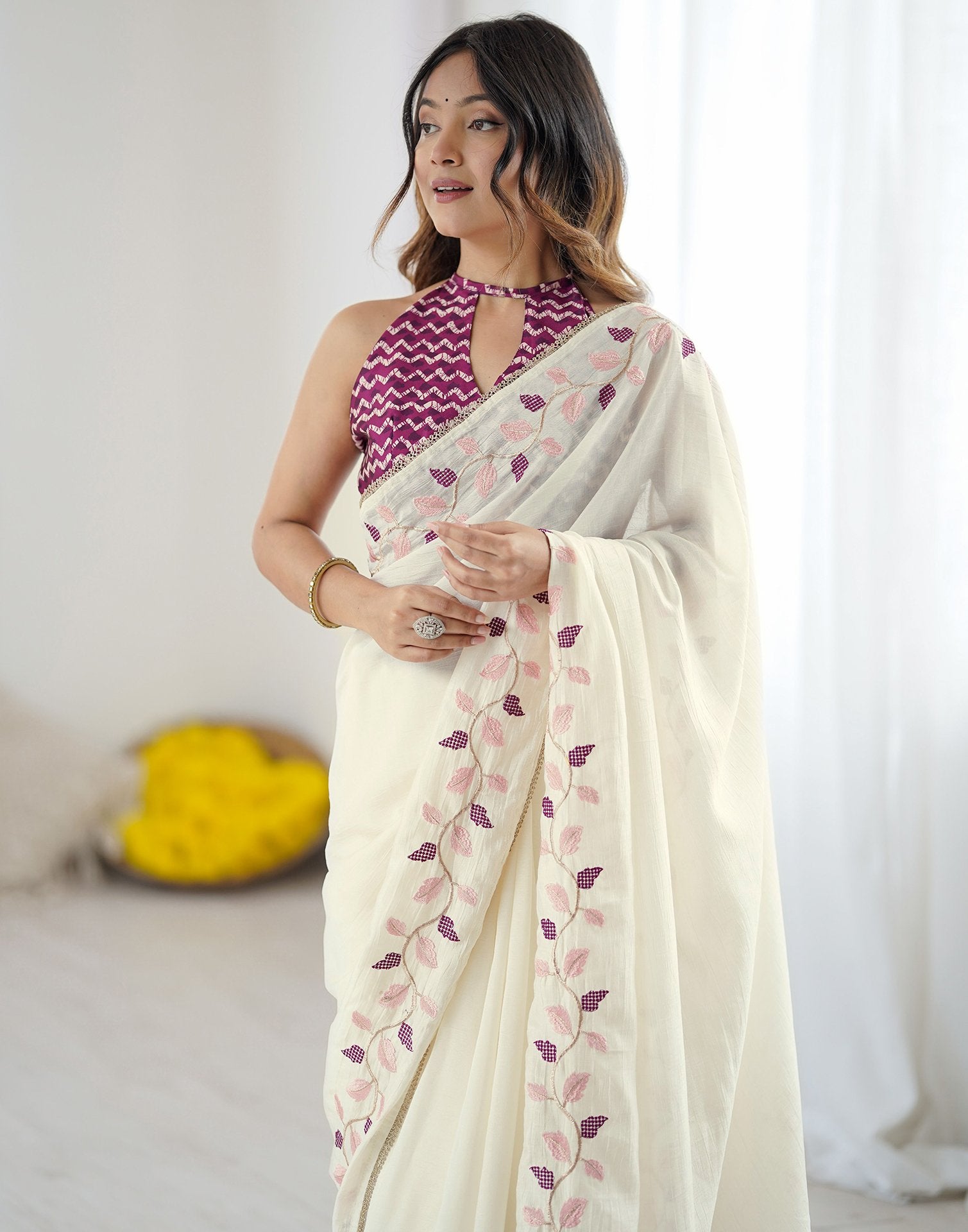 Off White Silk Embroidery Saree