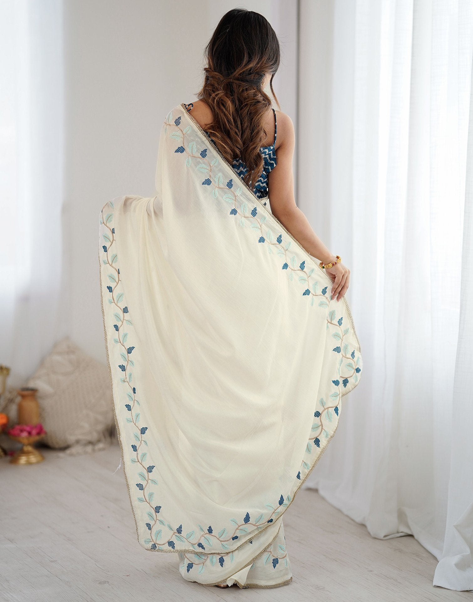 Off White Silk Embroidery Saree