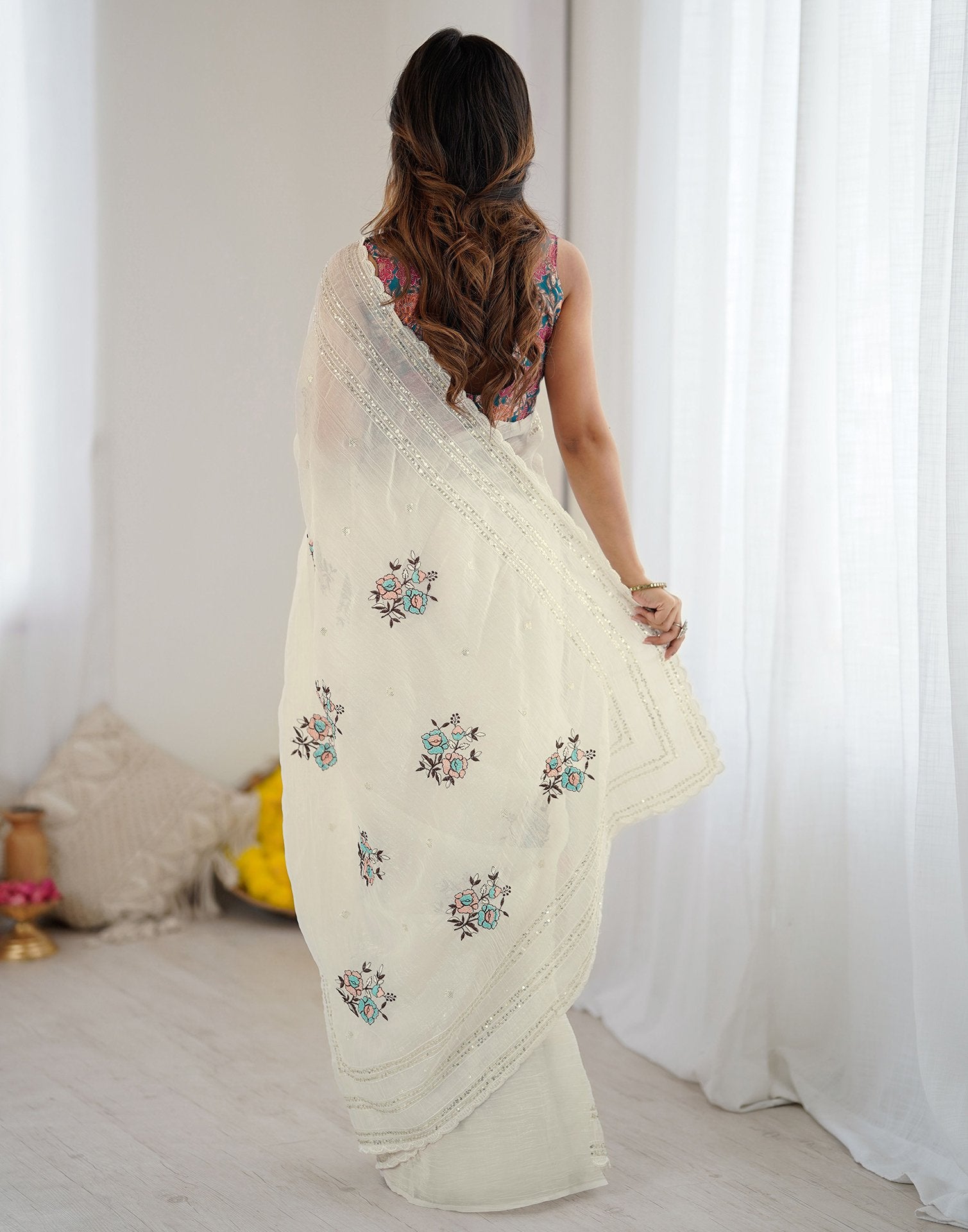 Off White Tissue Silk Sequence Embroidery Saree