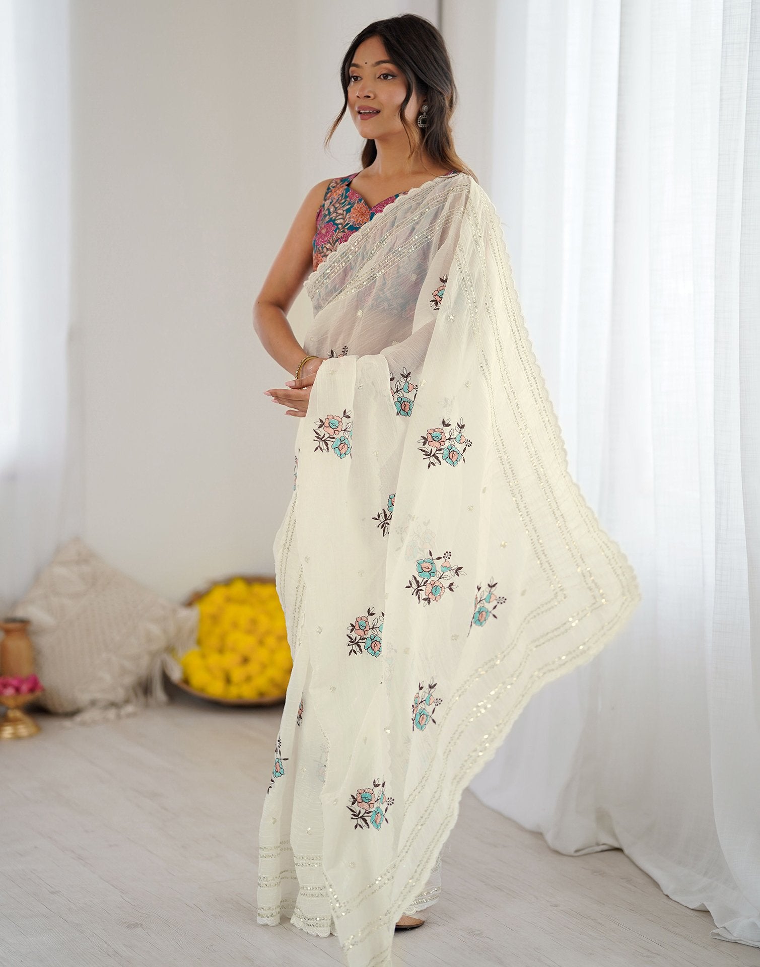 Off White Tissue Silk Sequence Embroidery Saree