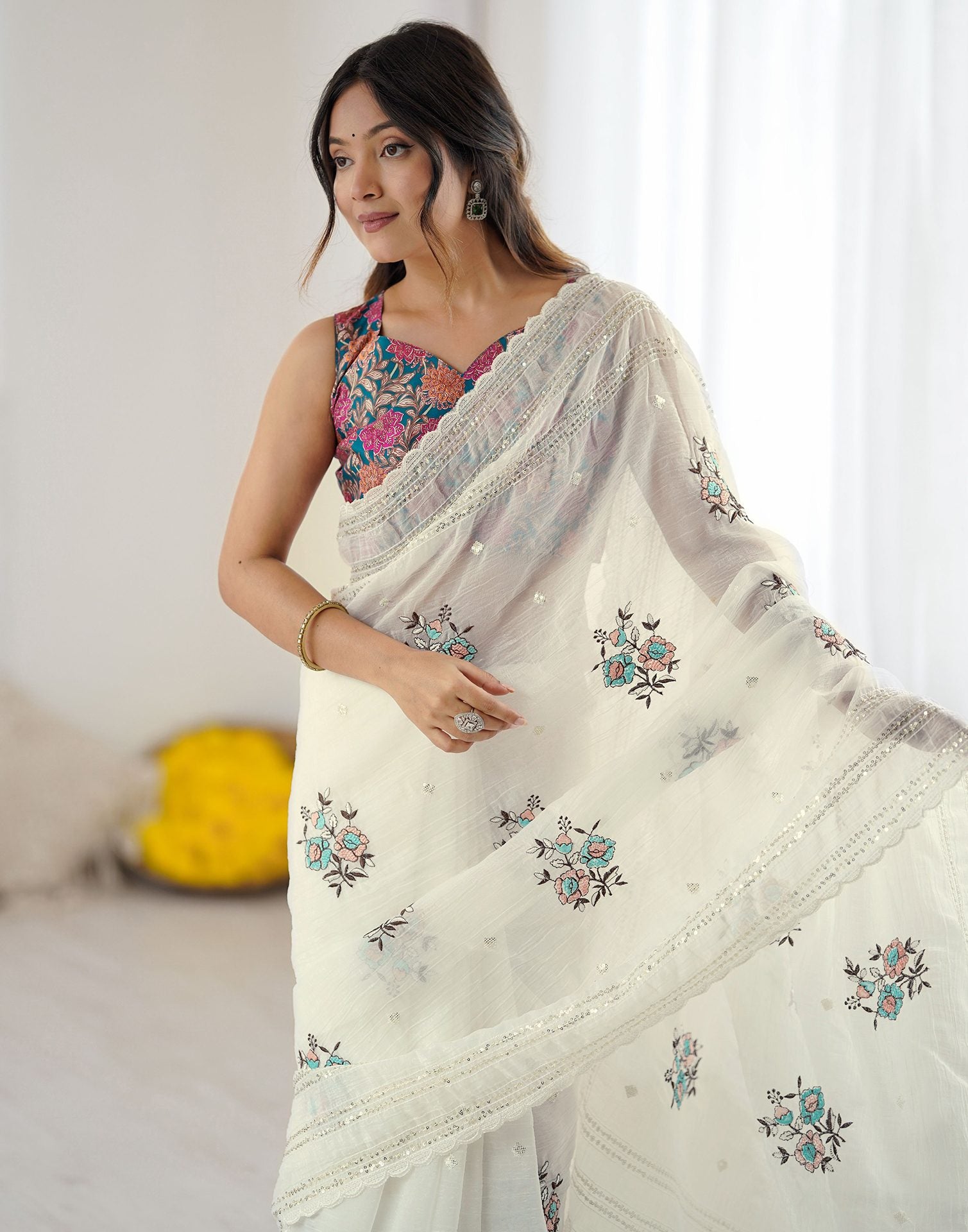 Off White Tissue Silk Sequence Embroidery Saree