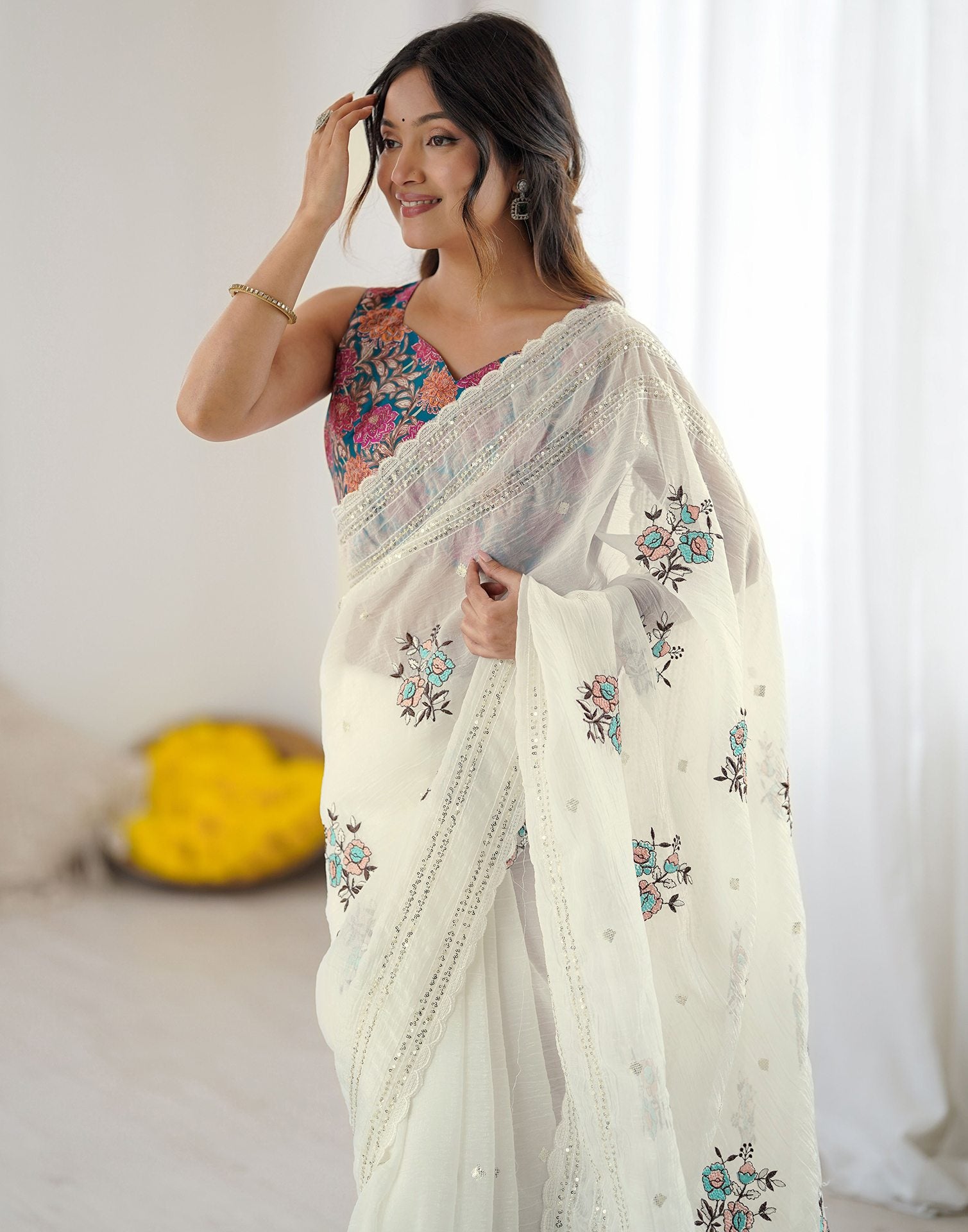 Off White Tissue Silk Sequence Embroidery Saree
