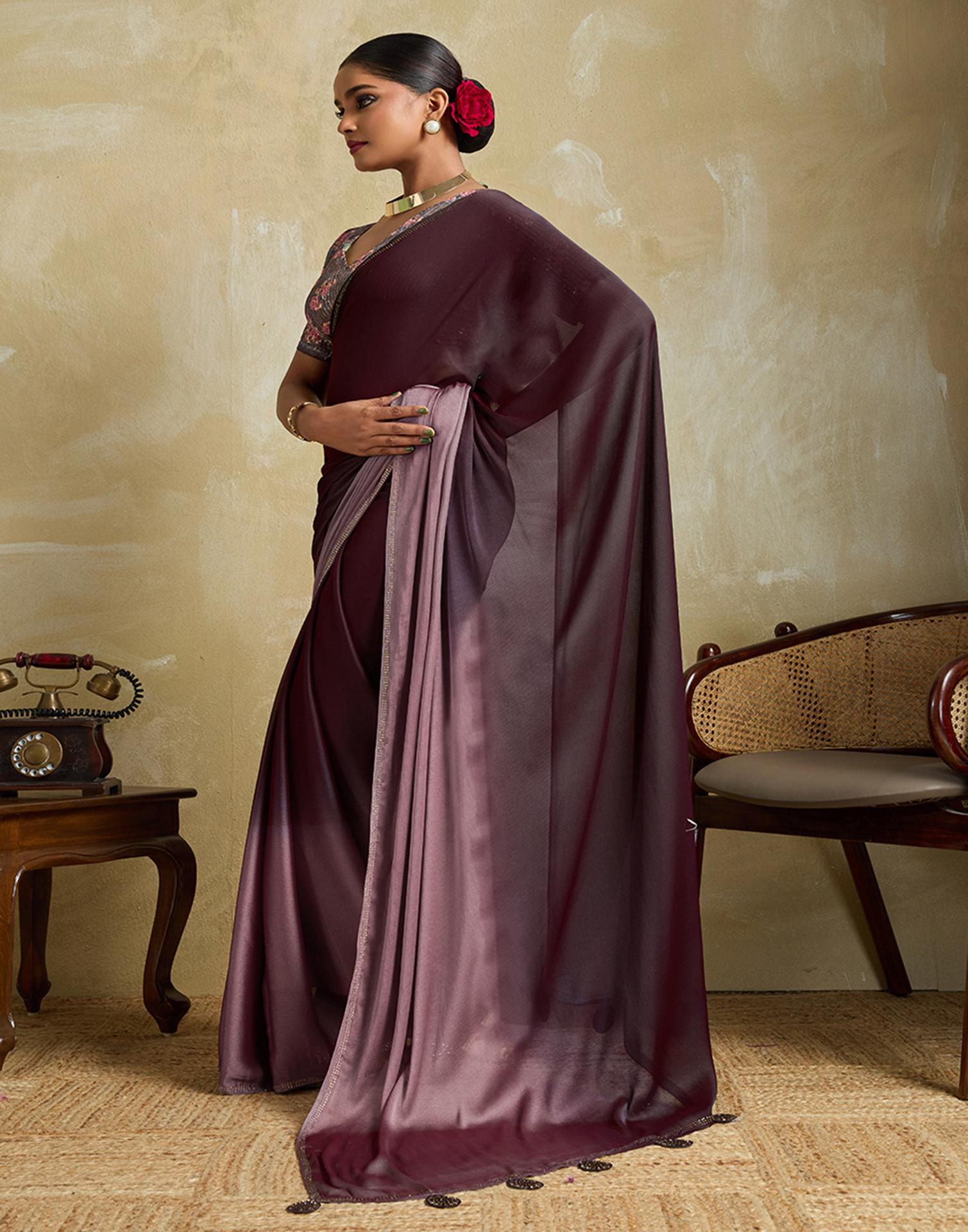Wine Chiffon Stone Work Plain Saree