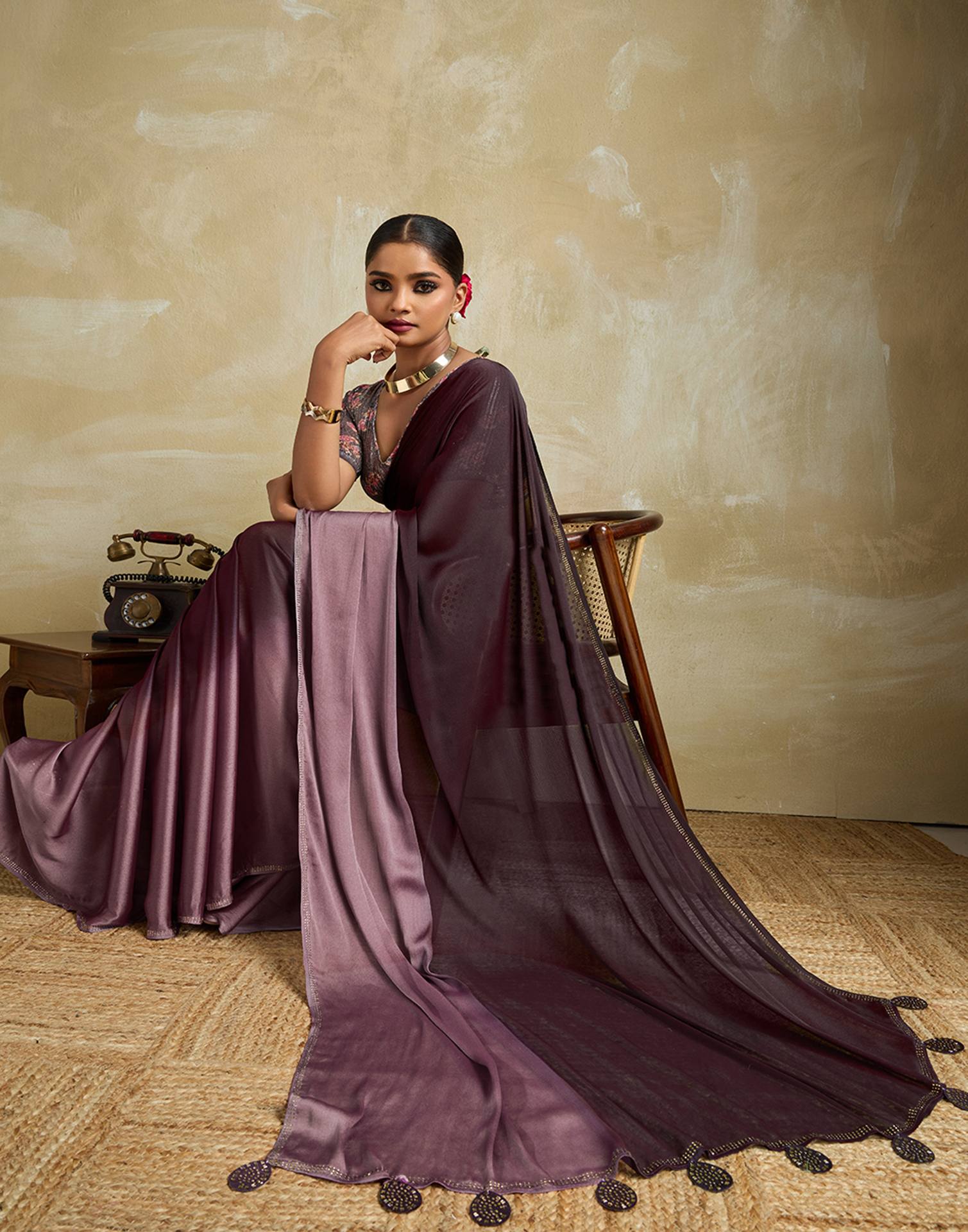 Wine Chiffon Stone Work Plain Saree