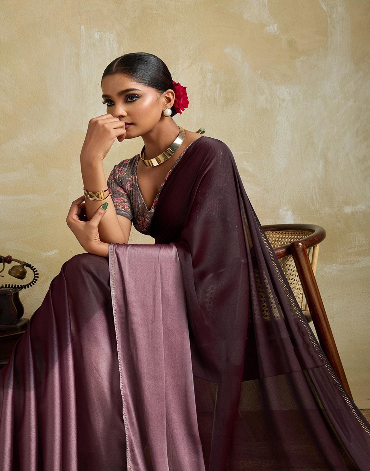 Wine Chiffon Stone Work Plain Saree