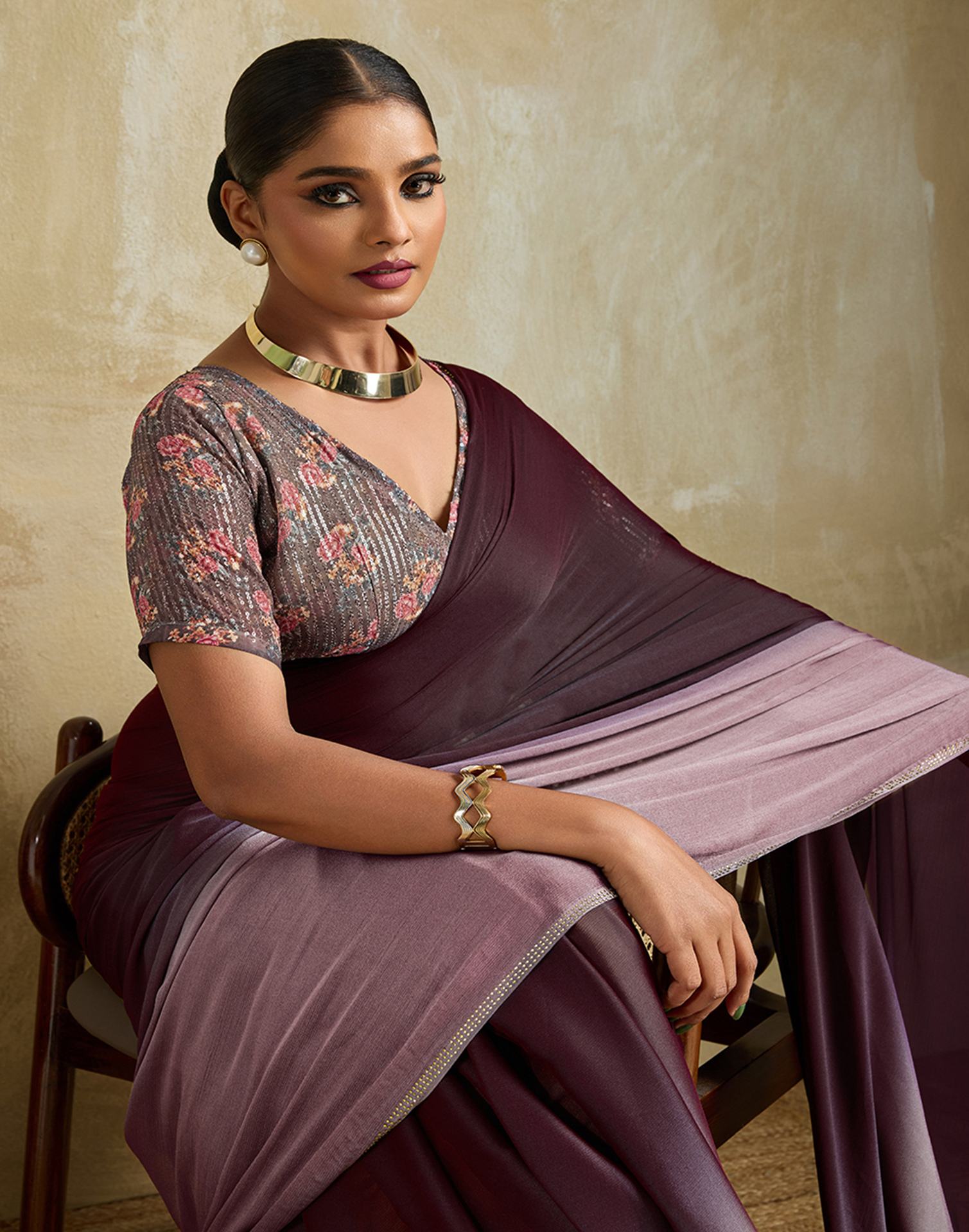 Wine Chiffon Stone Work Plain Saree