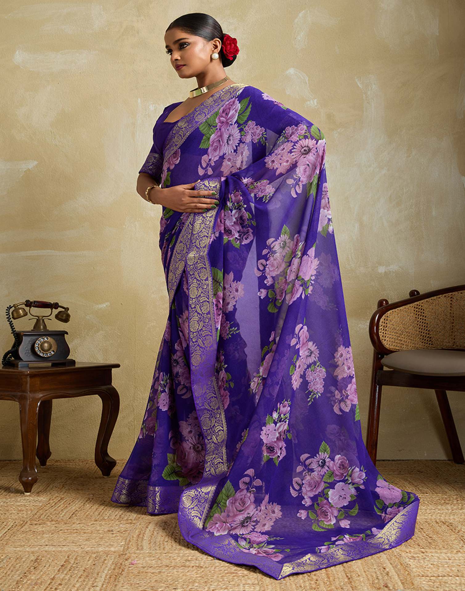 Violet Georgette Floral Printed Saree