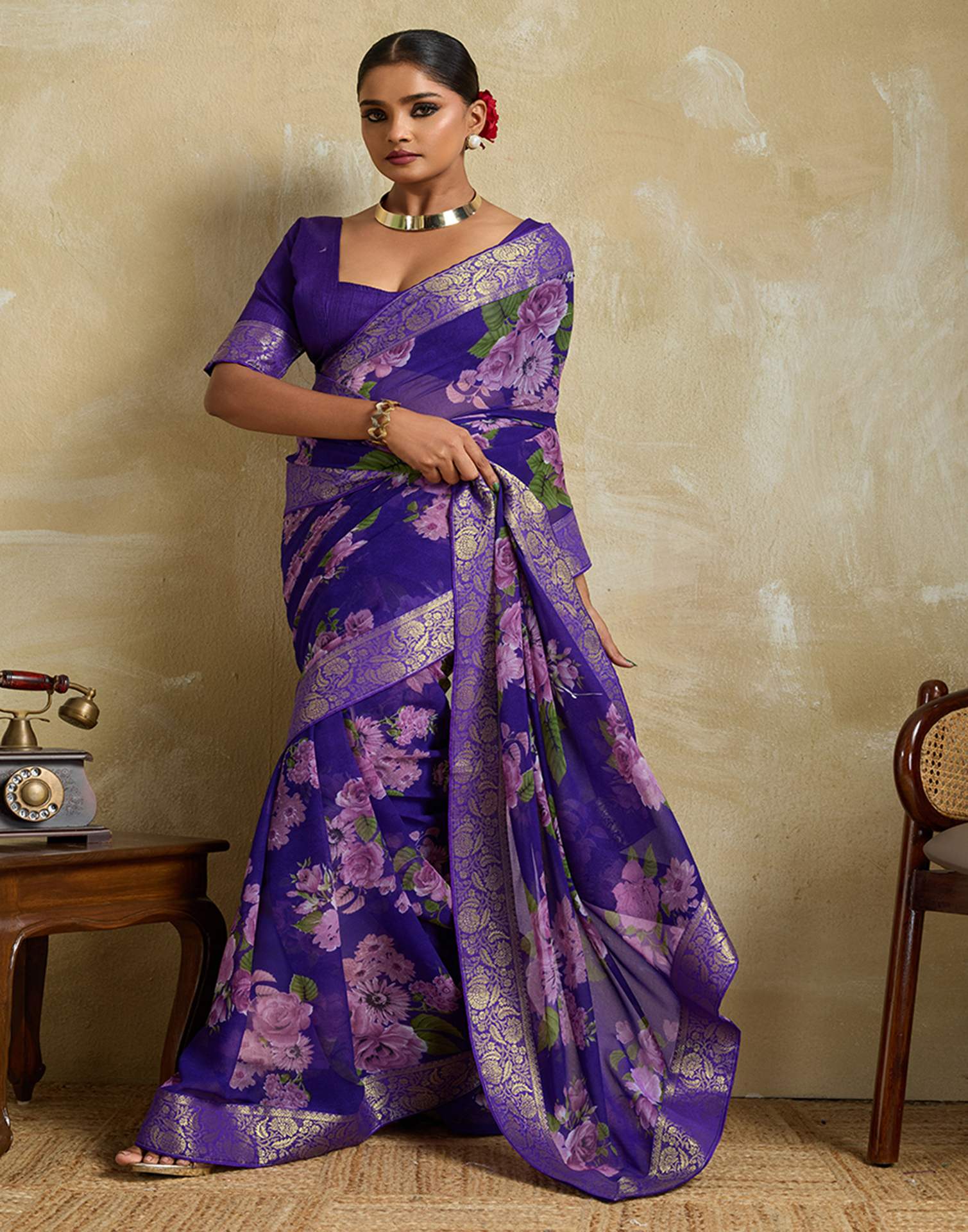 Violet Georgette Floral Printed Saree