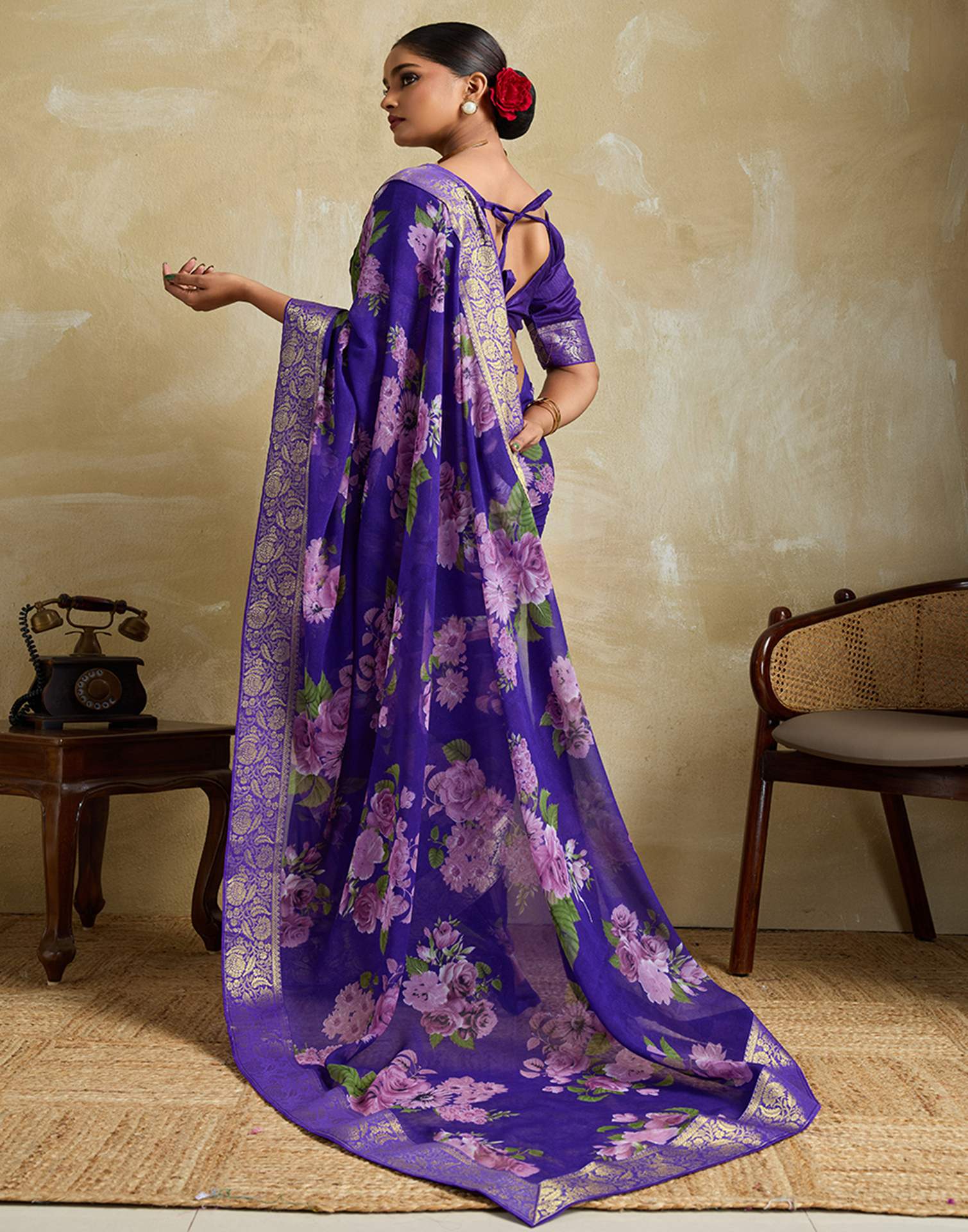 Violet Georgette Floral Printed Saree