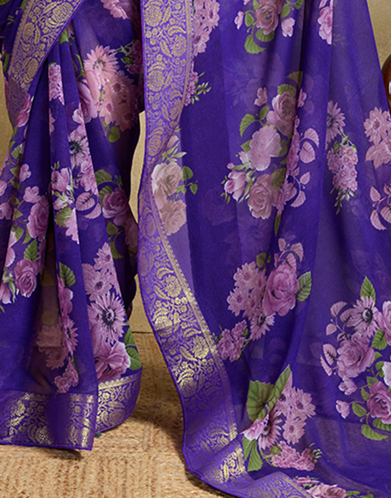 Violet Georgette Floral Printed Saree