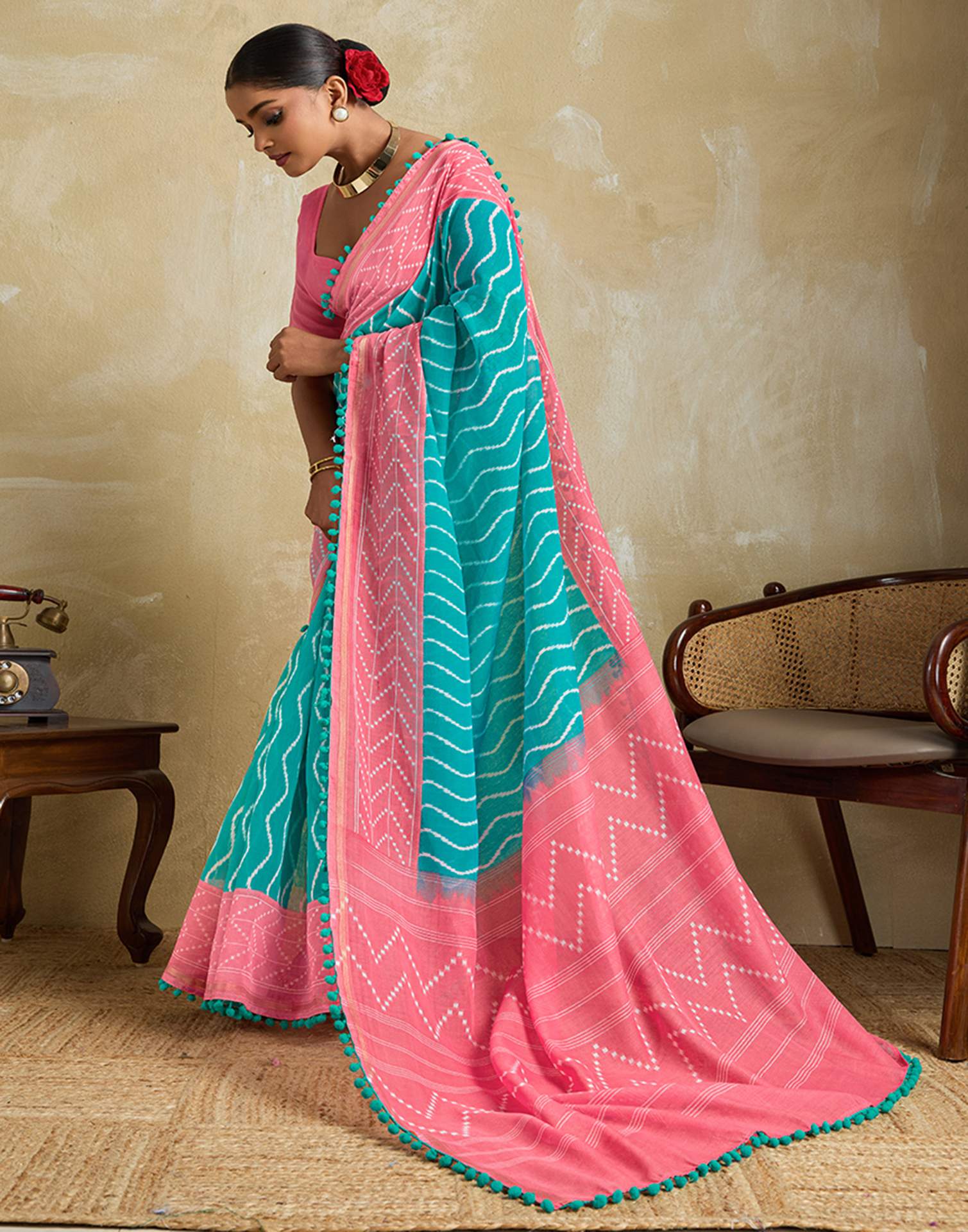 Turquoise Blue Linen Printed Saree