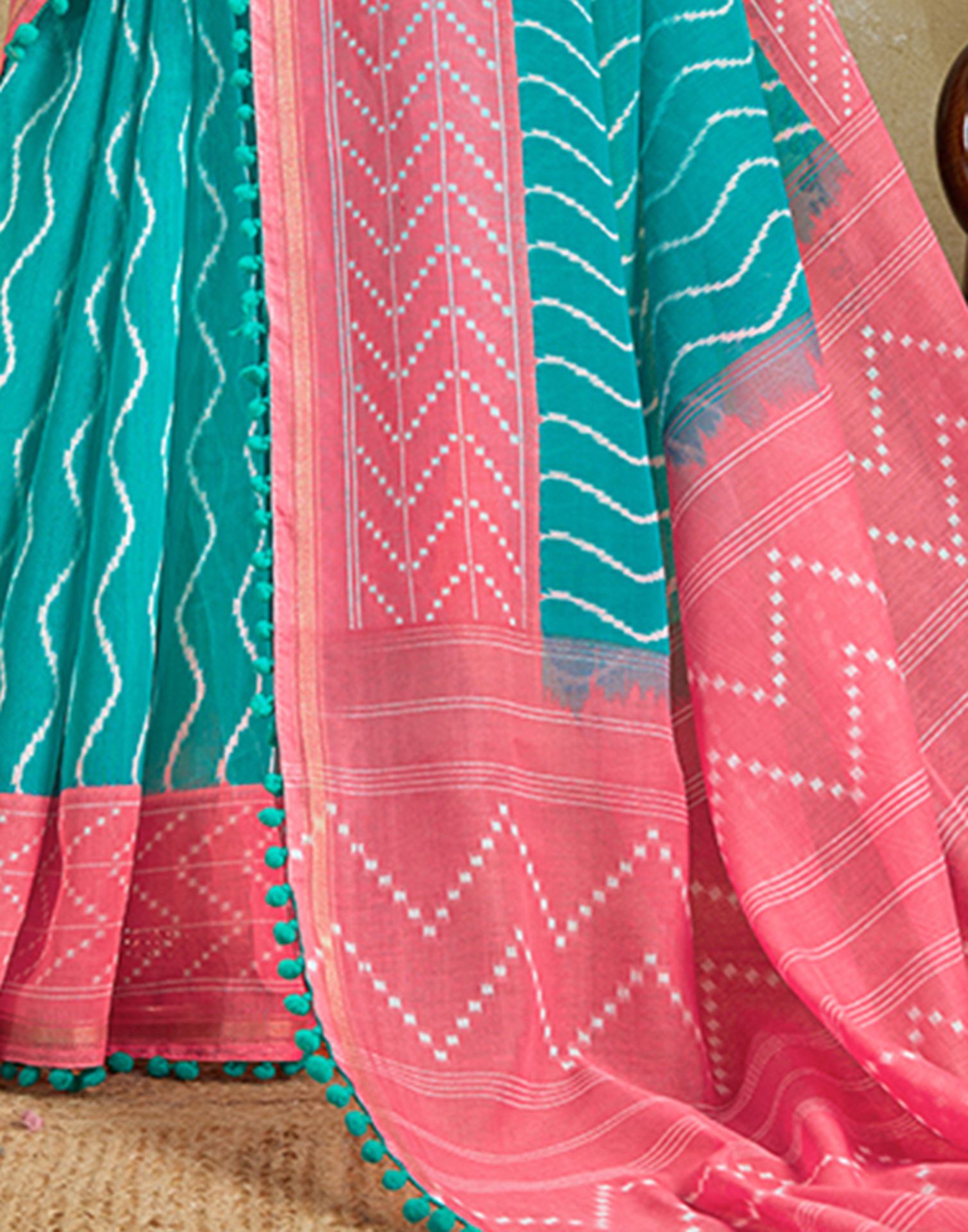 Turquoise Blue Linen Printed Saree