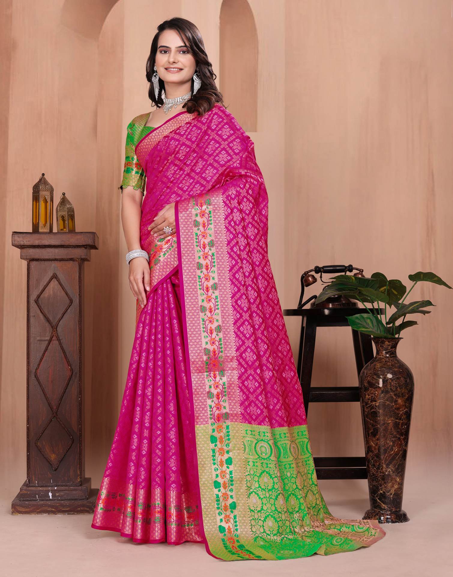Rani Pink Silk Woven Patola Saree