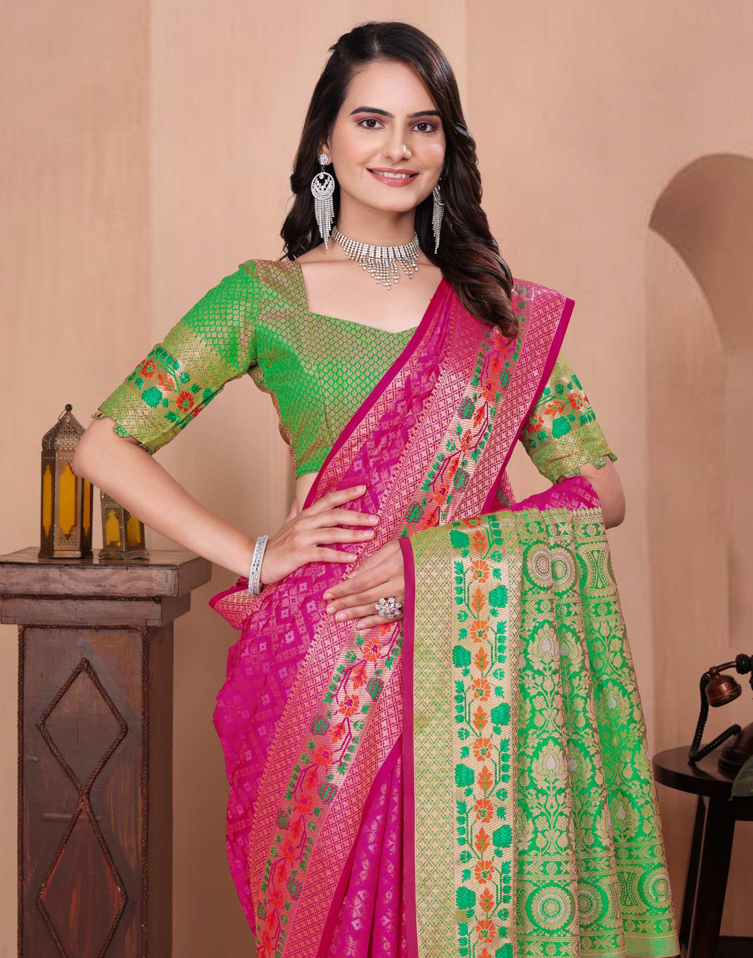 Rani Pink Silk Woven Patola Saree