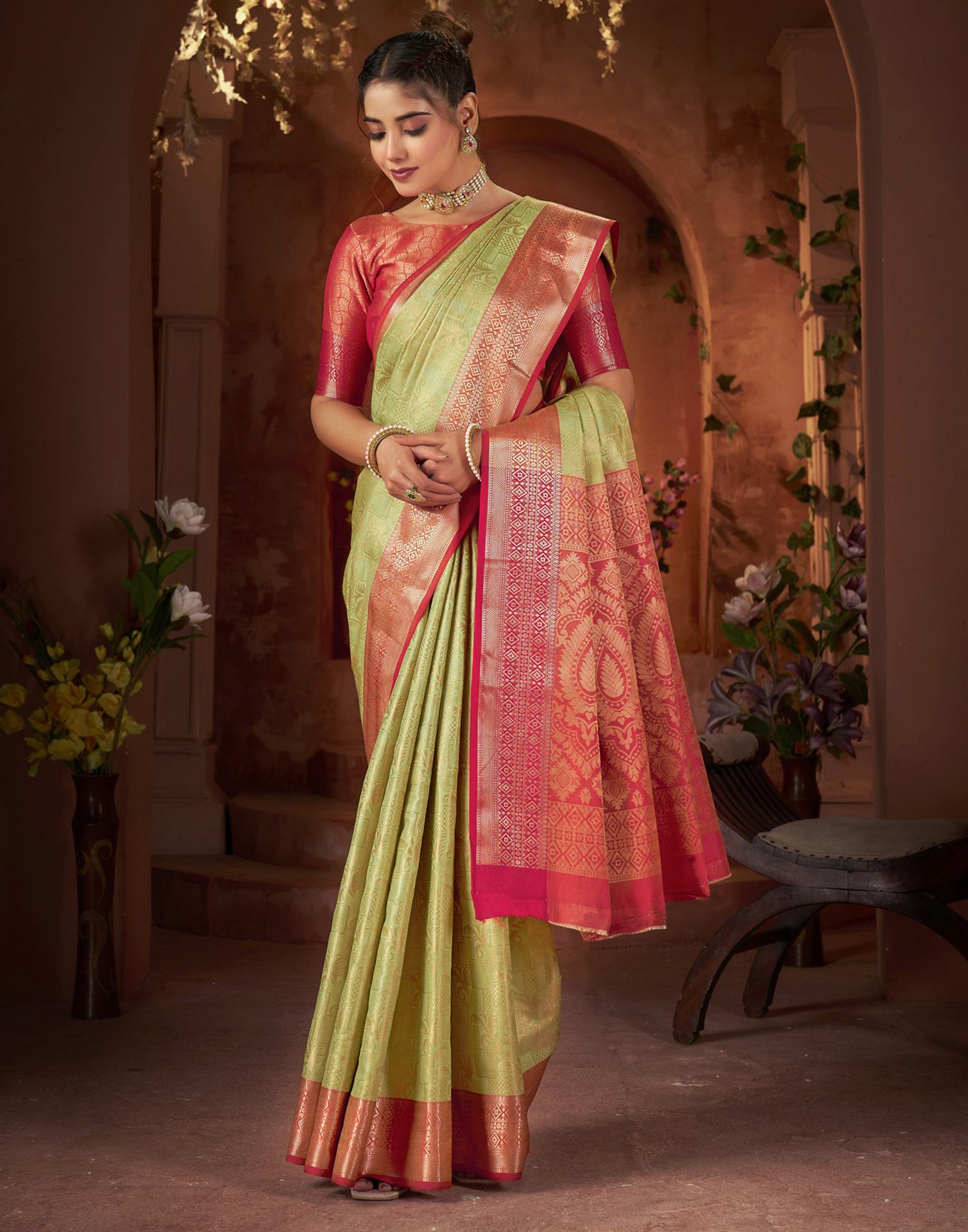 Light Olive Green Silk Woven Saree