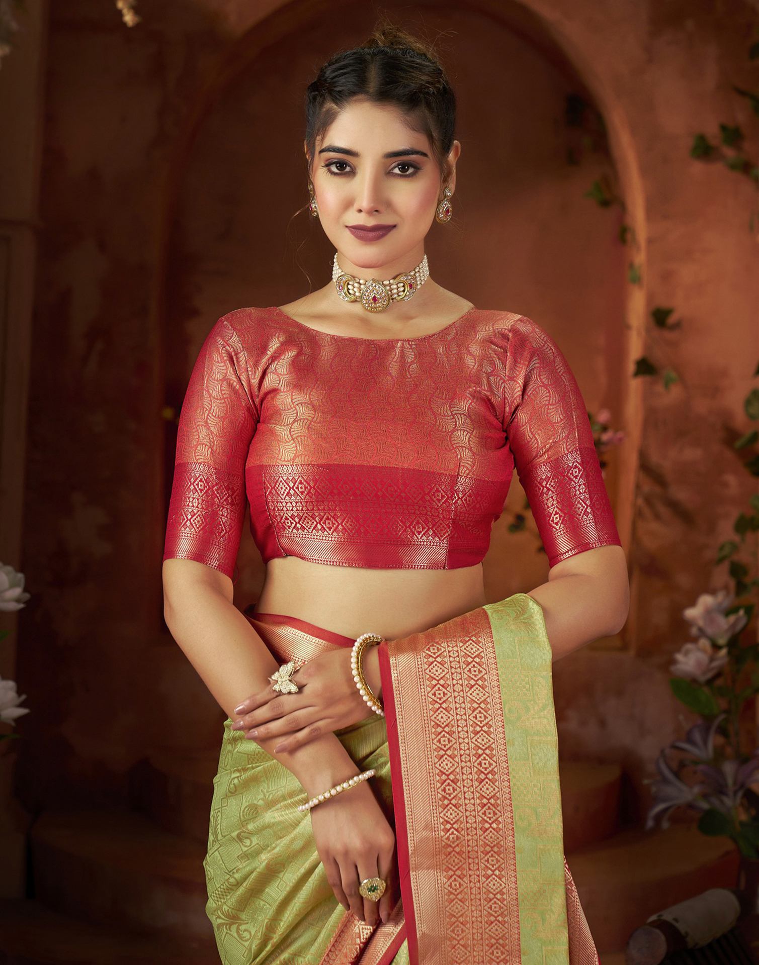 Light Olive Green Silk Woven Saree