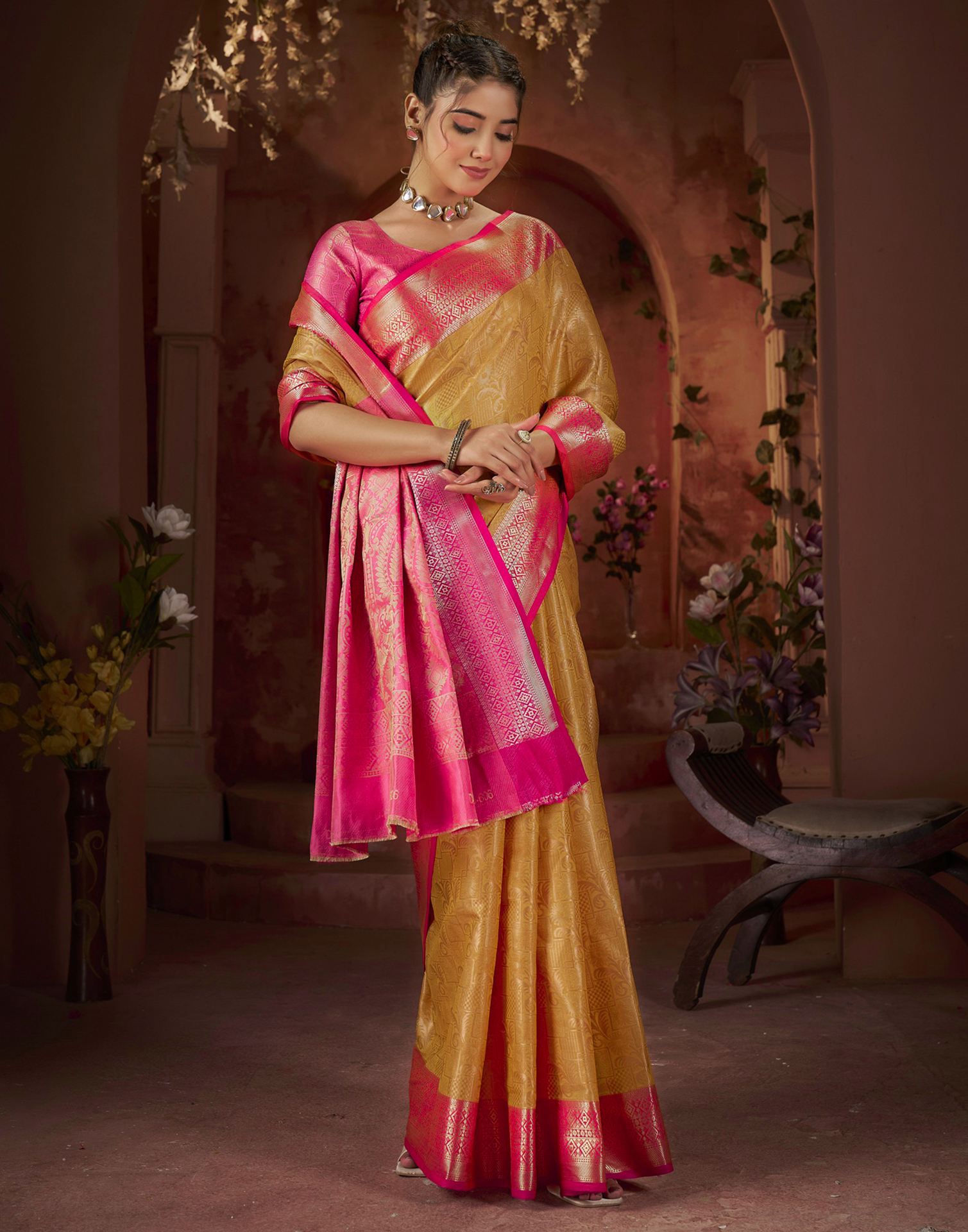 Yellow Silk Woven Saree