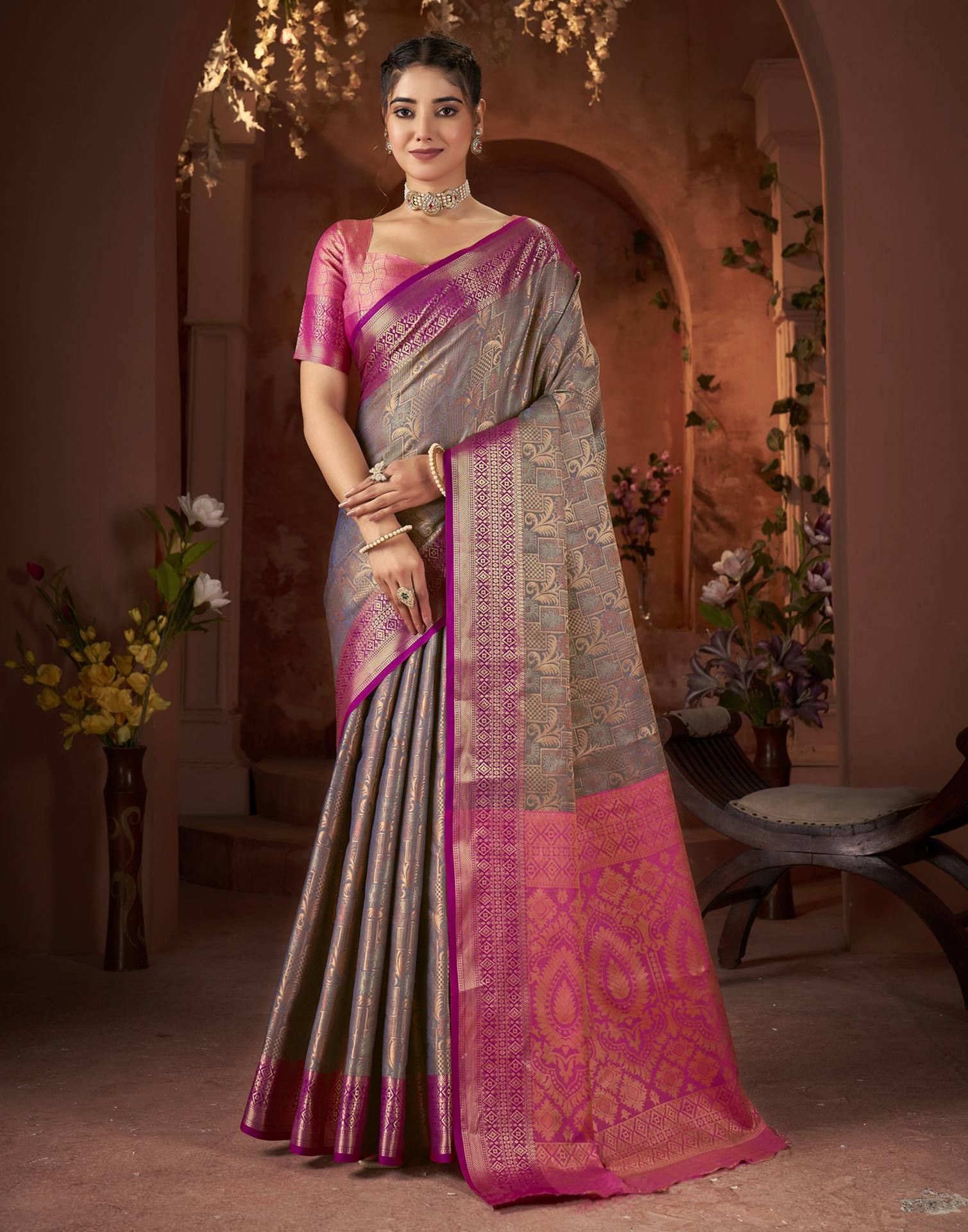 Grey Silk Woven Saree