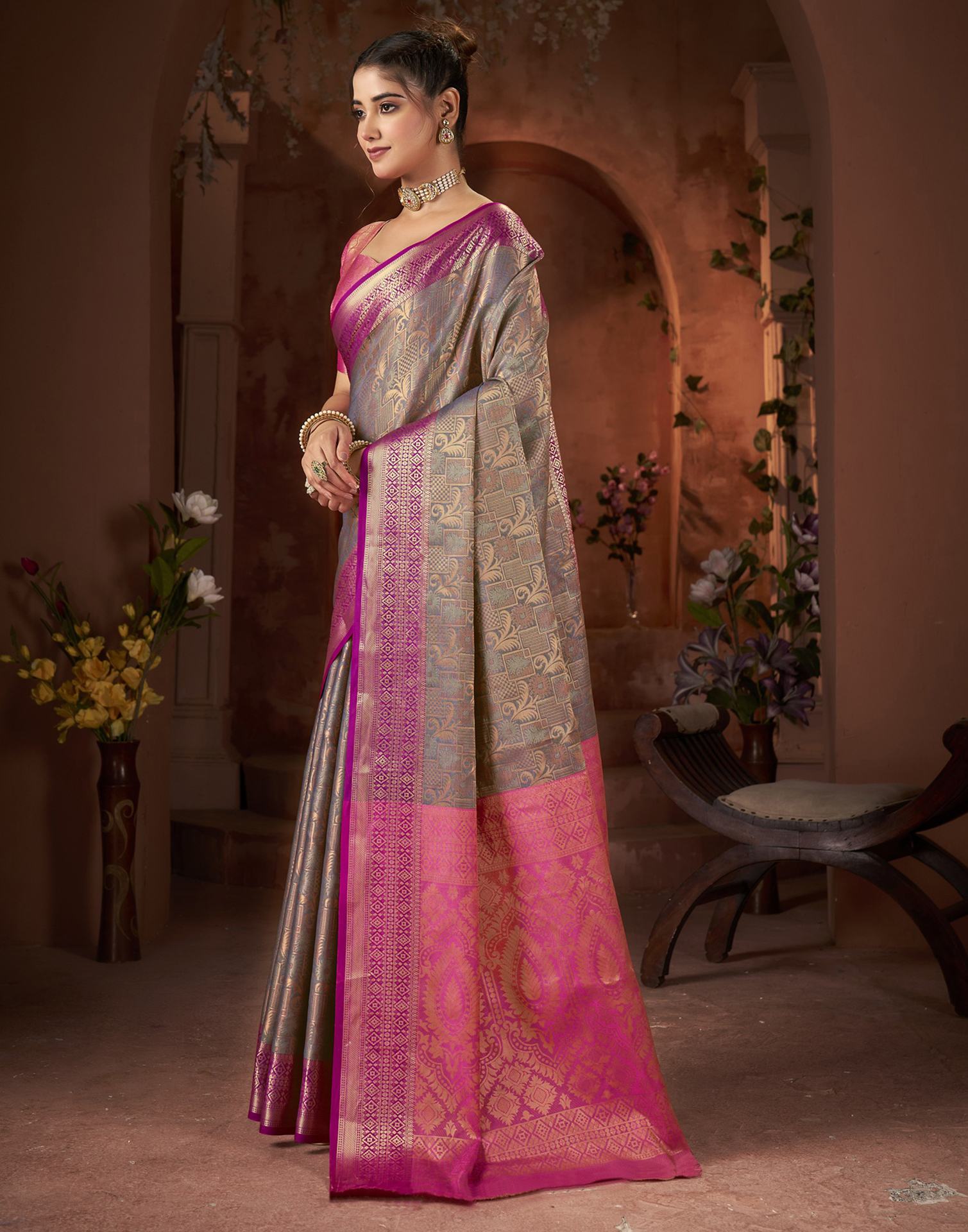 Grey Silk Woven Saree