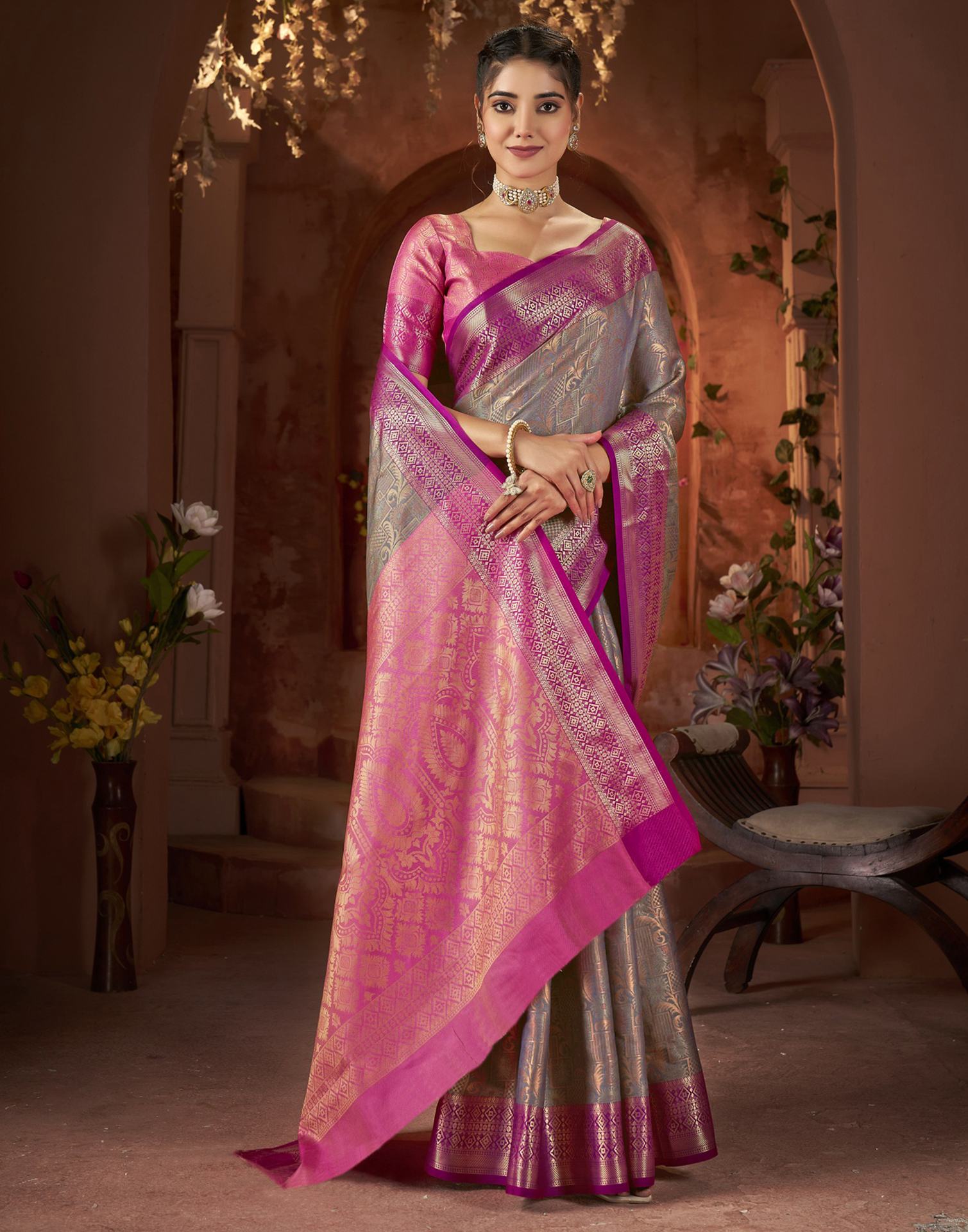 Grey Silk Woven Saree