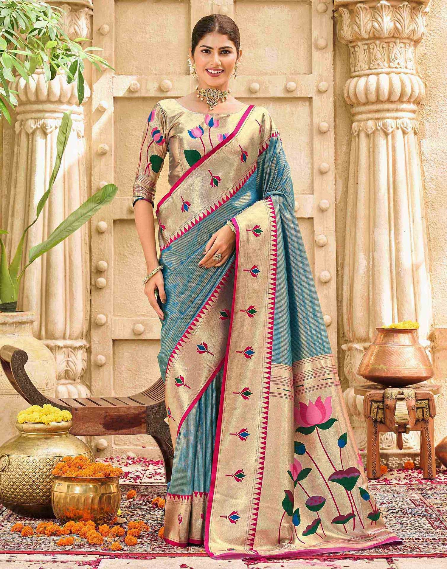 Light Rama Blue Silk Woven Paithani Saree