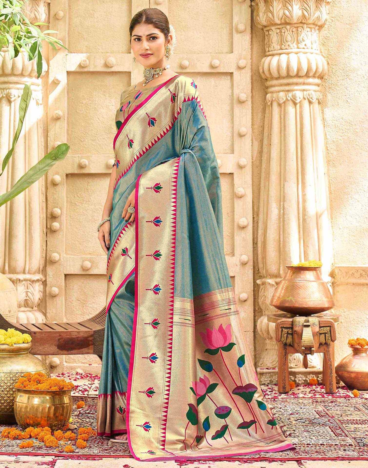 Light Rama Blue Silk Woven Paithani Saree