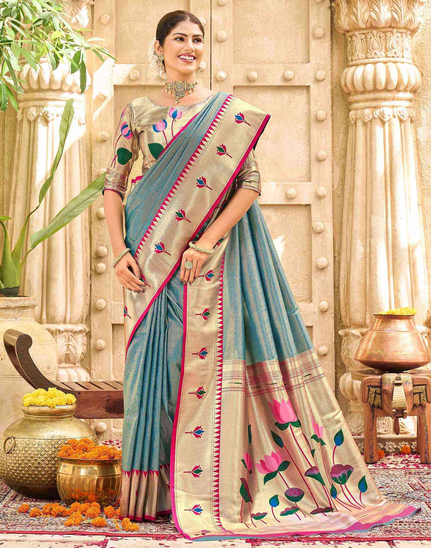 Light Rama Blue Silk Woven Paithani Saree