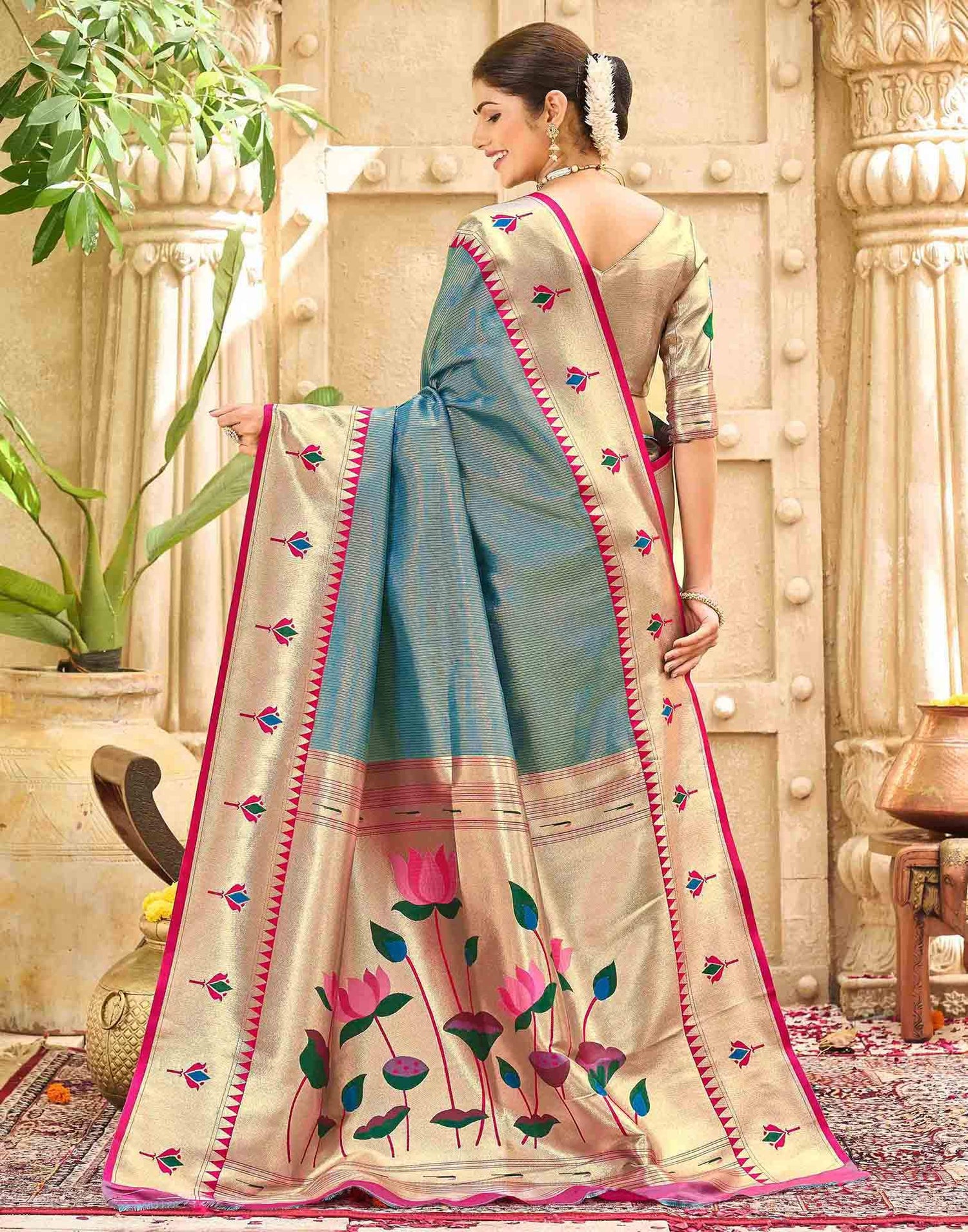 Light Rama Blue Silk Woven Paithani Saree
