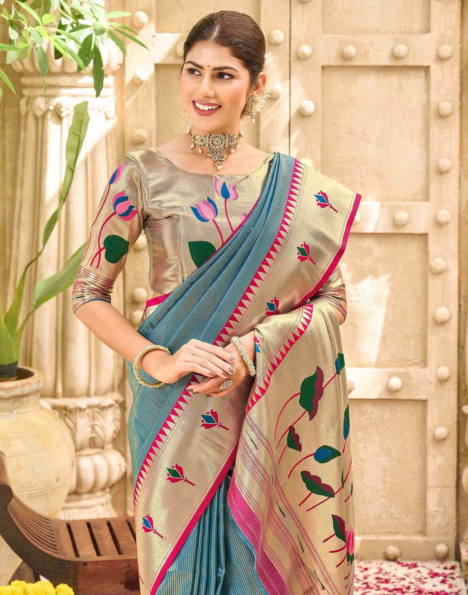 Light Rama Blue Silk Woven Paithani Saree