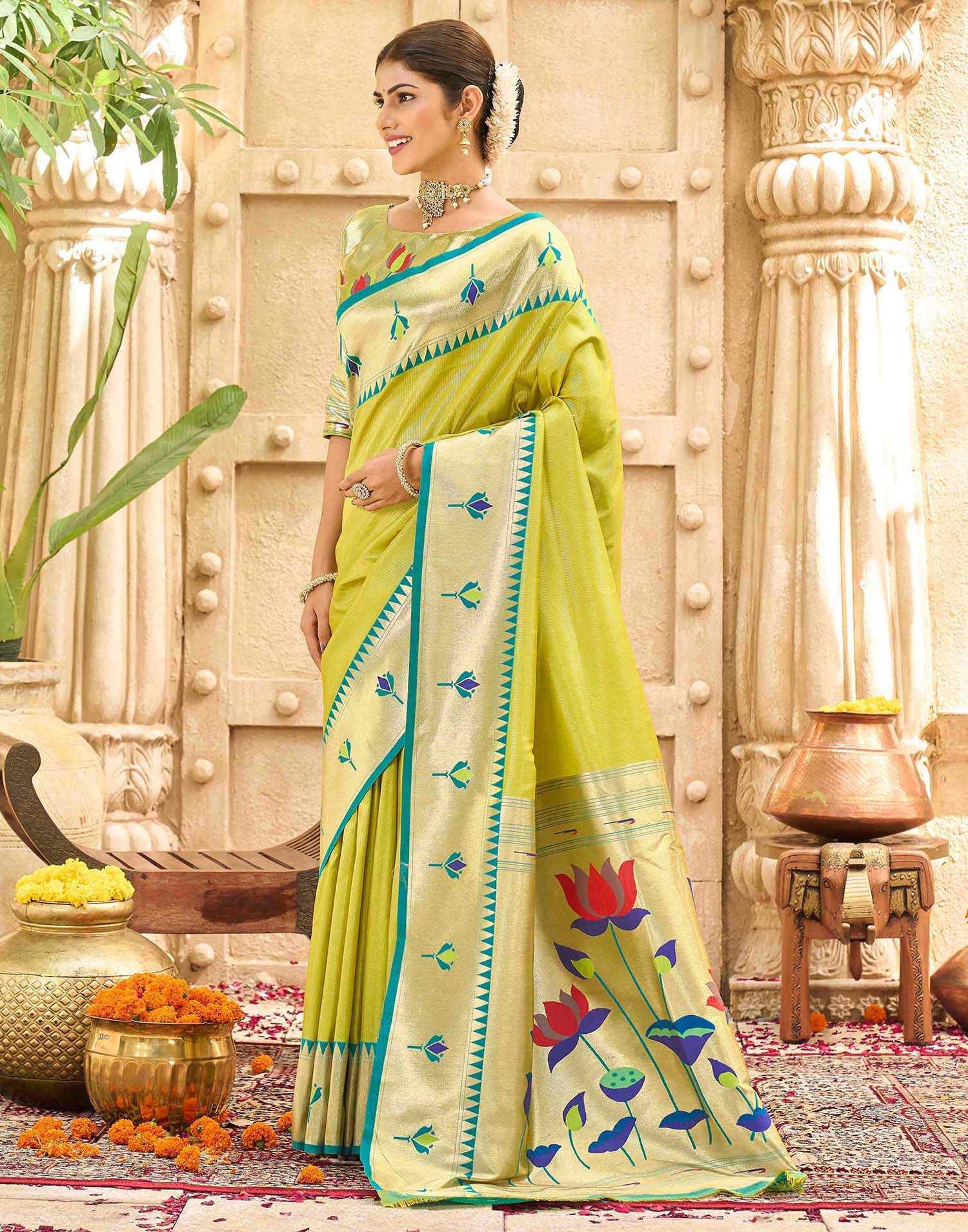 Lime Green Silk Woven Paithani Saree