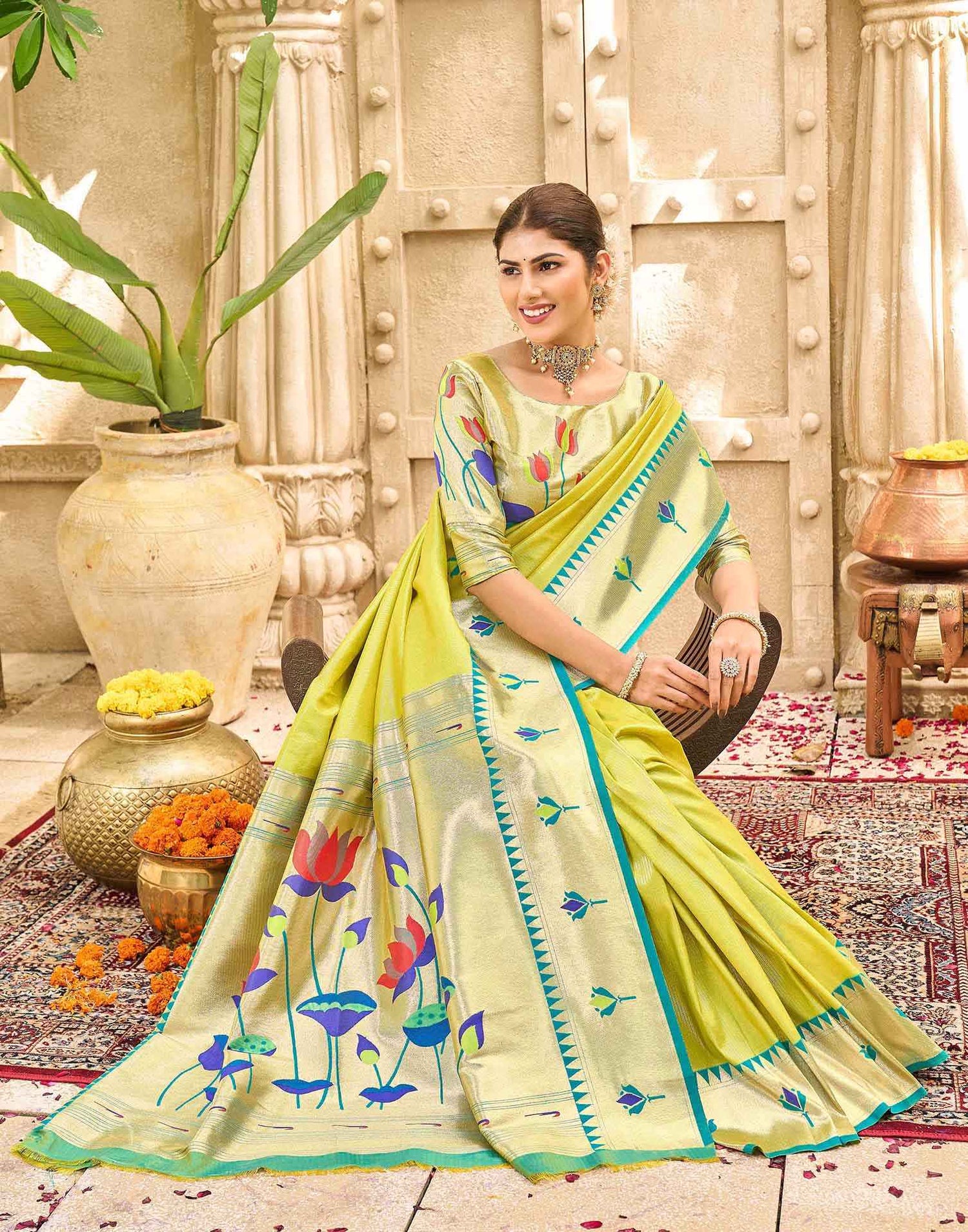 Lime Green Silk Woven Paithani Saree