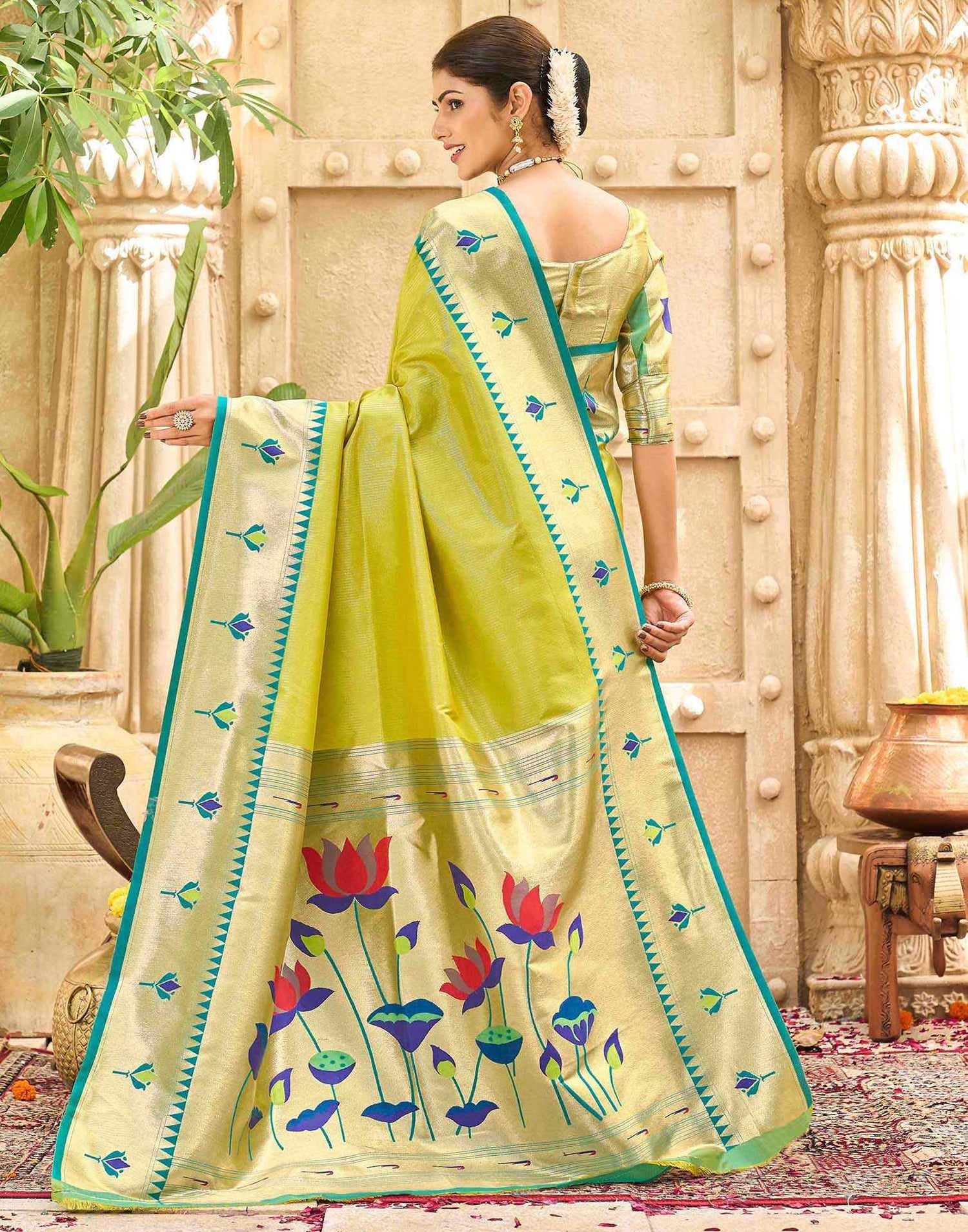 Lime Green Silk Woven Paithani Saree