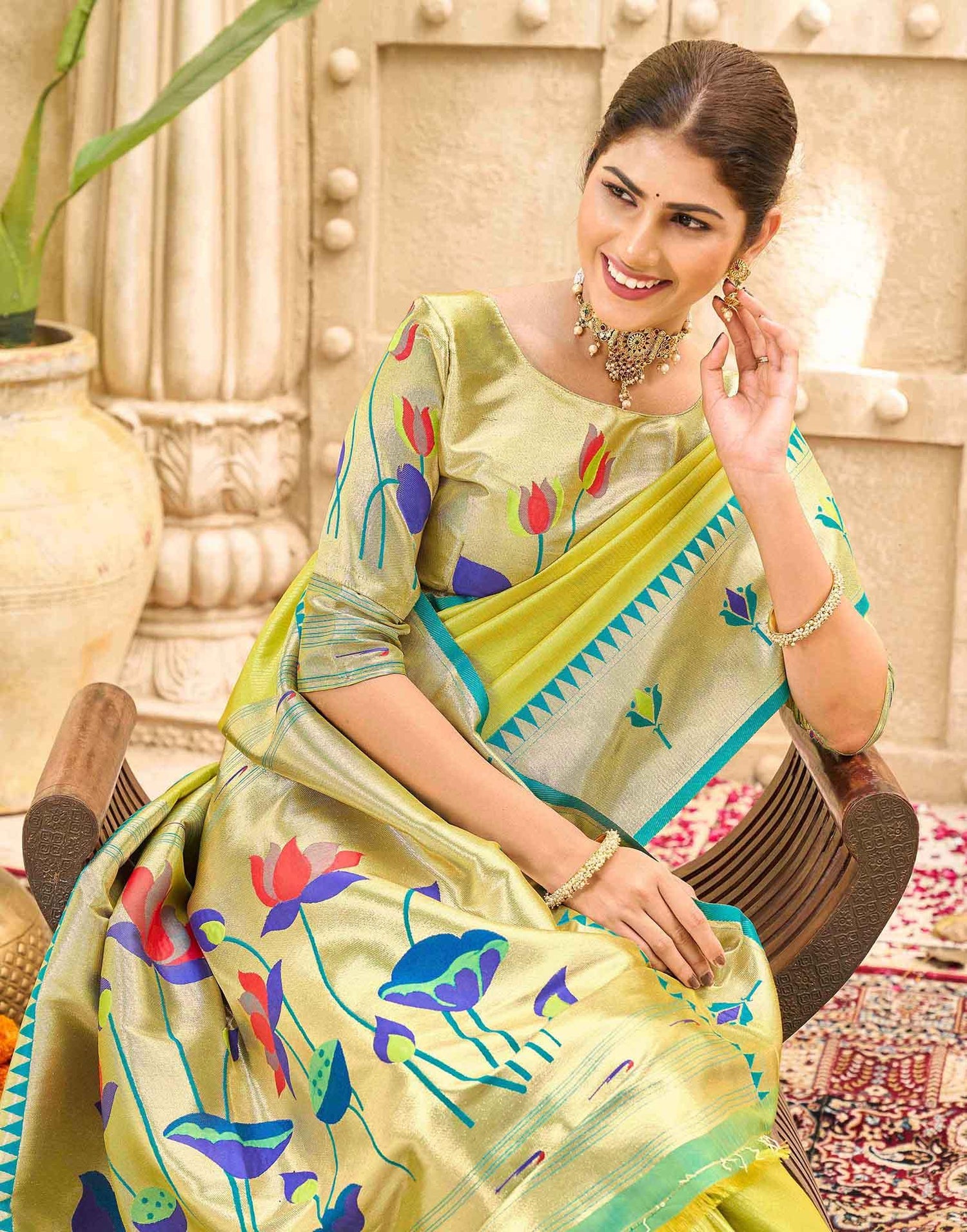 Lime Green Silk Woven Paithani Saree