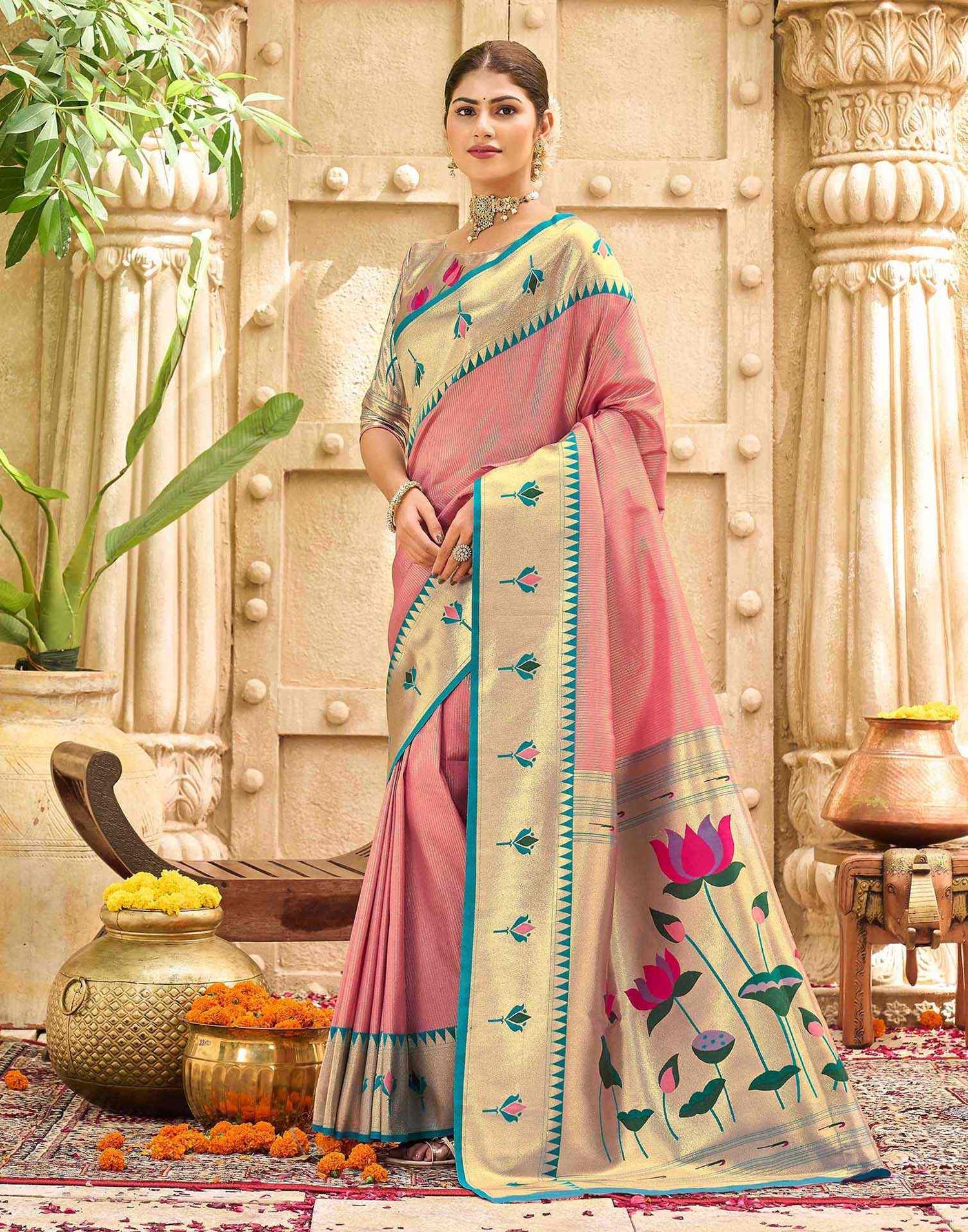 Rose Pink Silk Woven Paithani Saree