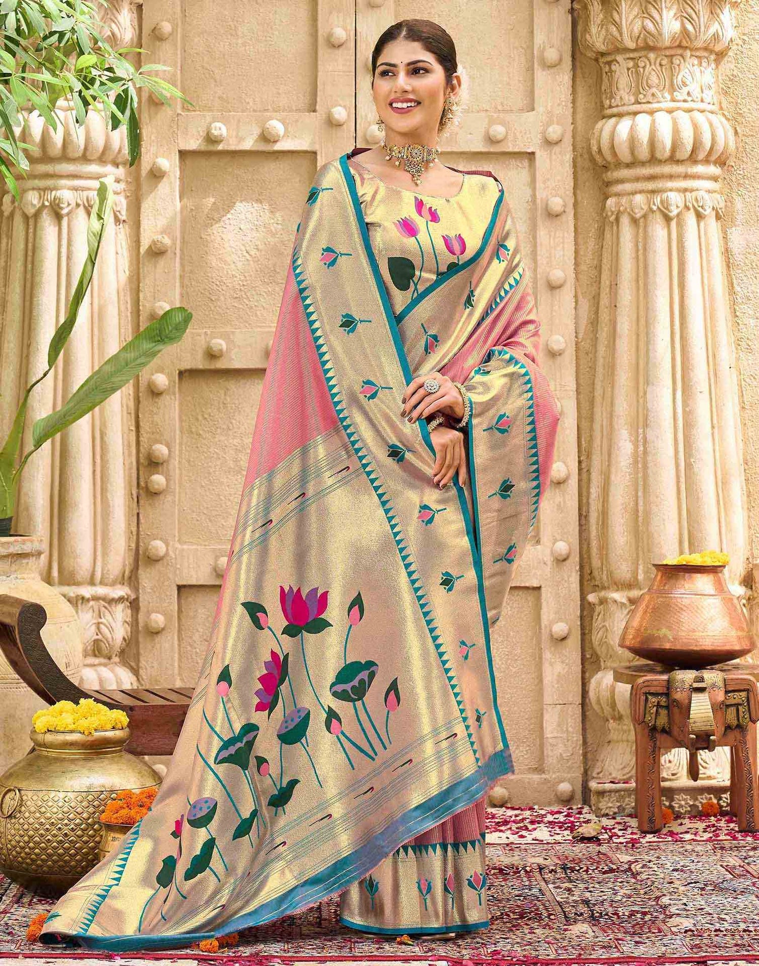 Rose Pink Silk Woven Paithani Saree