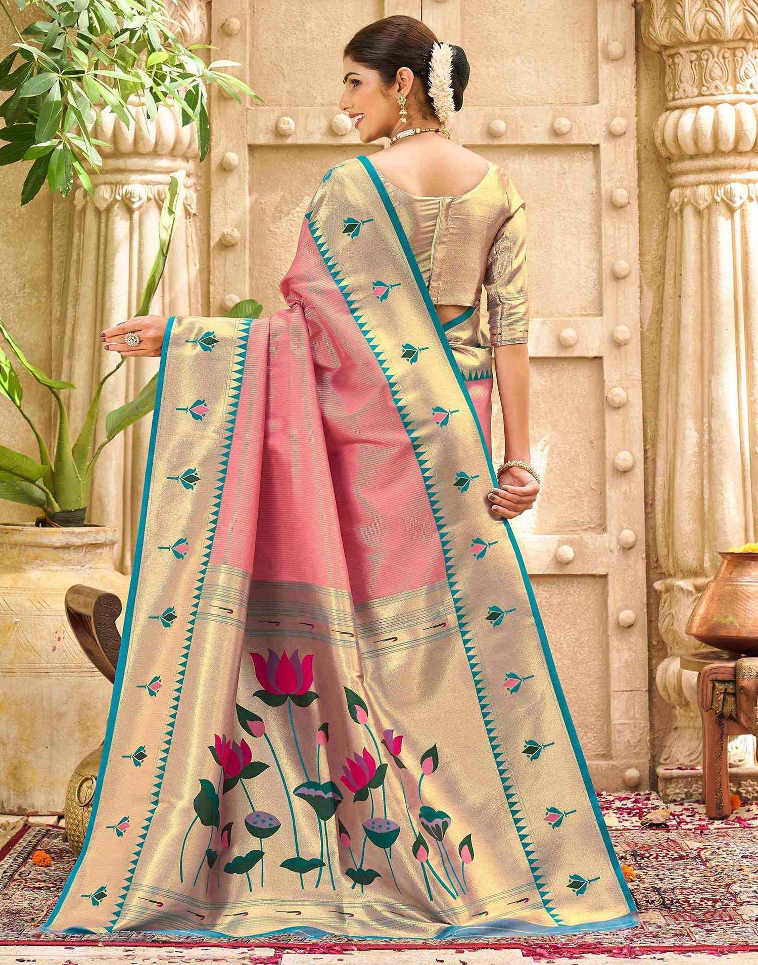 Rose Pink Silk Woven Paithani Saree
