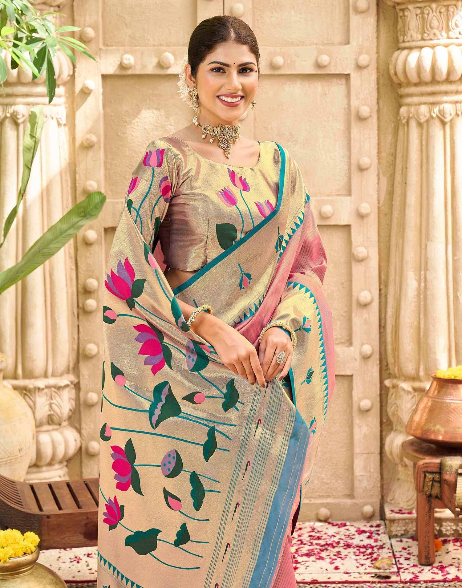 Rose Pink Silk Woven Paithani Saree