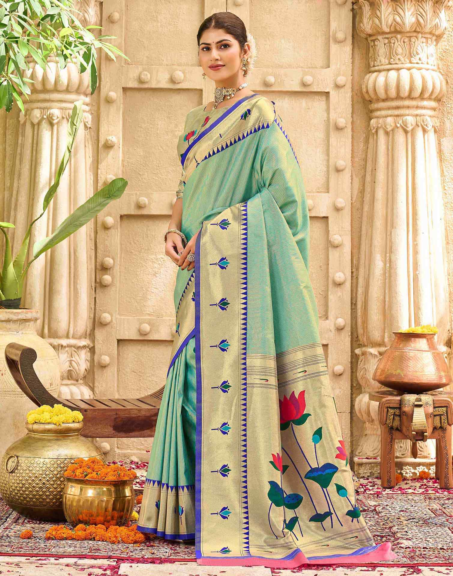 Mint Green Silk Woven Paithani Saree