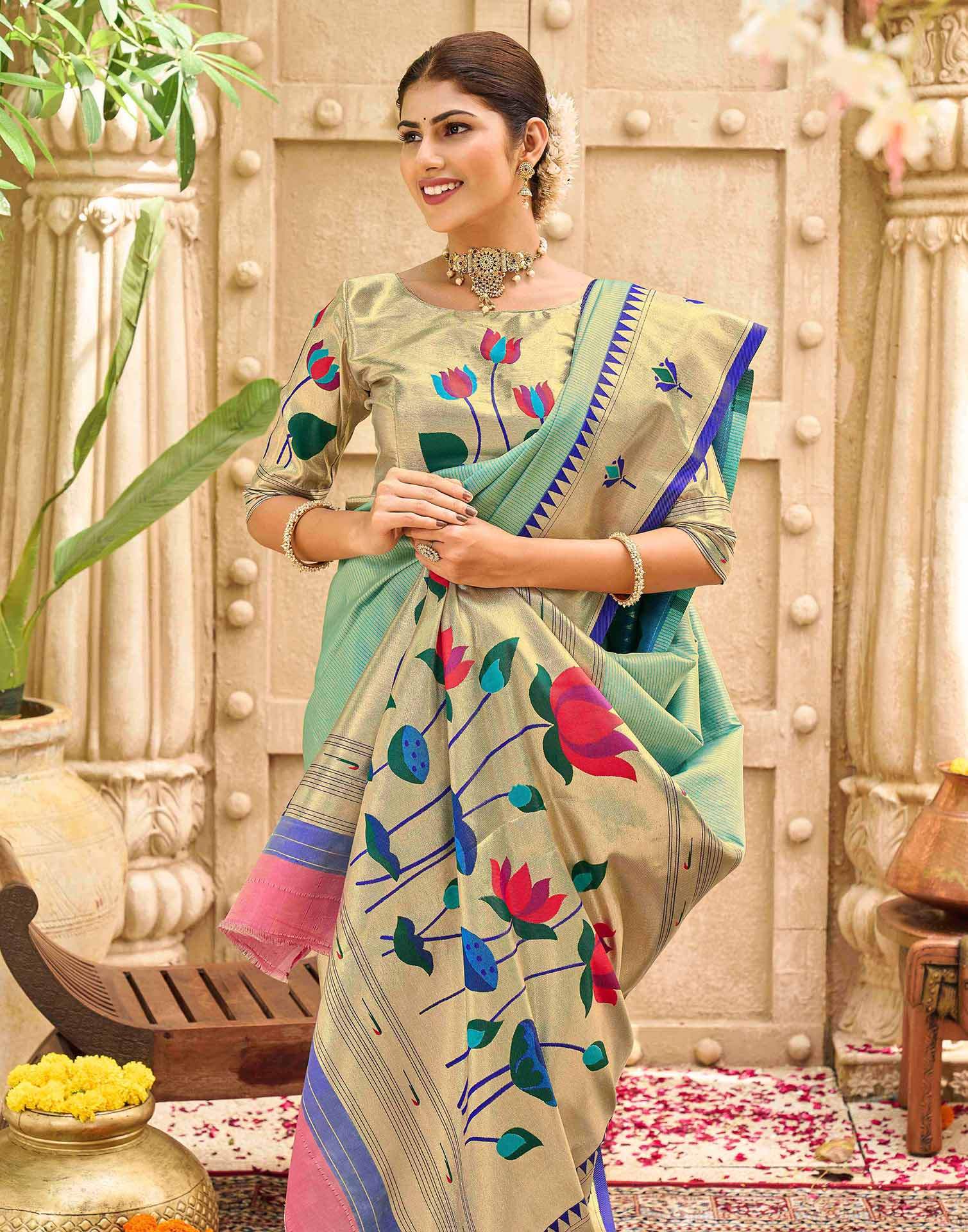 Mint Green Silk Woven Paithani Saree