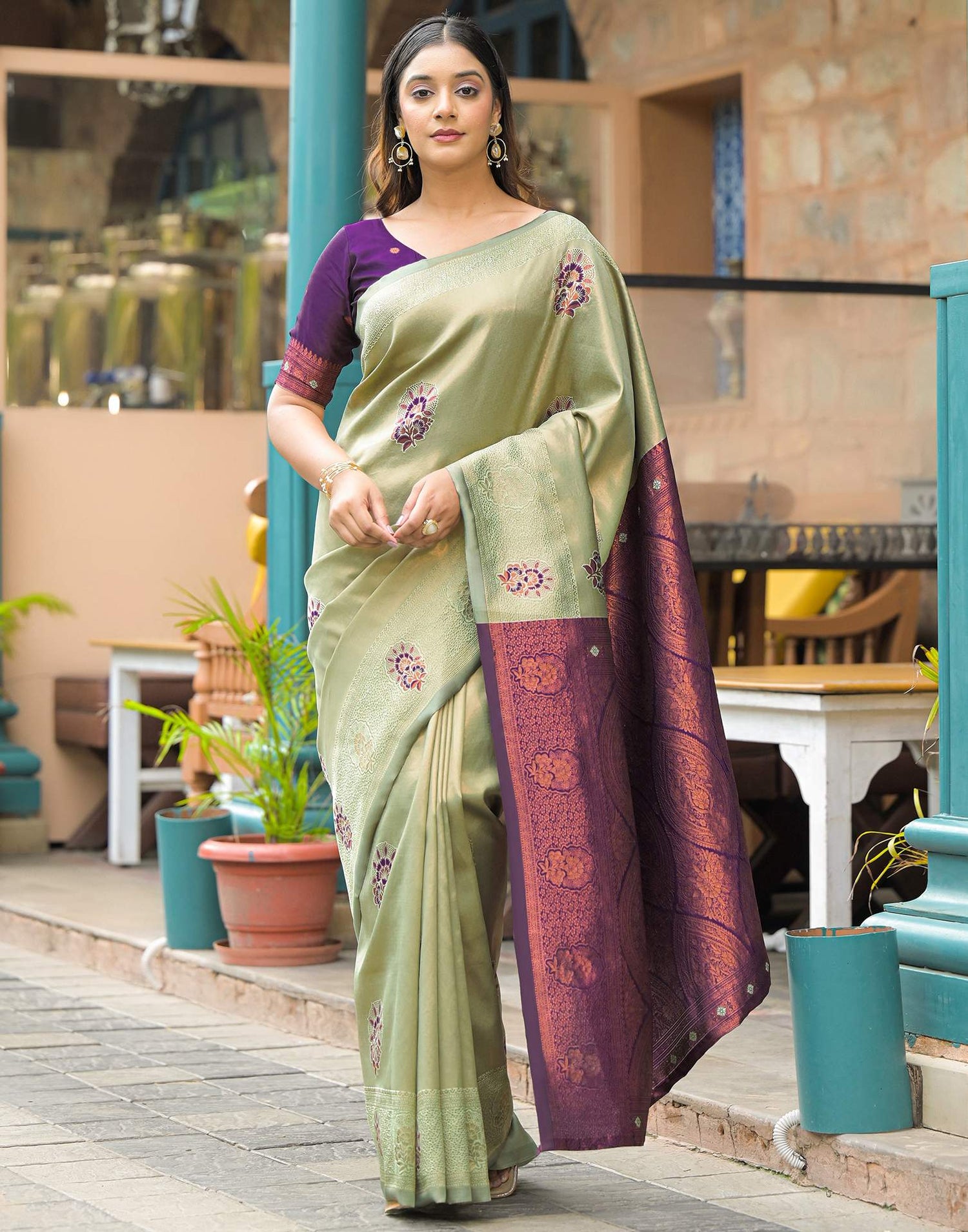 Tea Green Silk Woven Saree