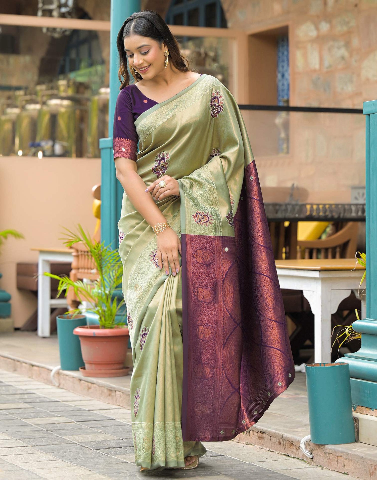 Tea Green Silk Woven Saree