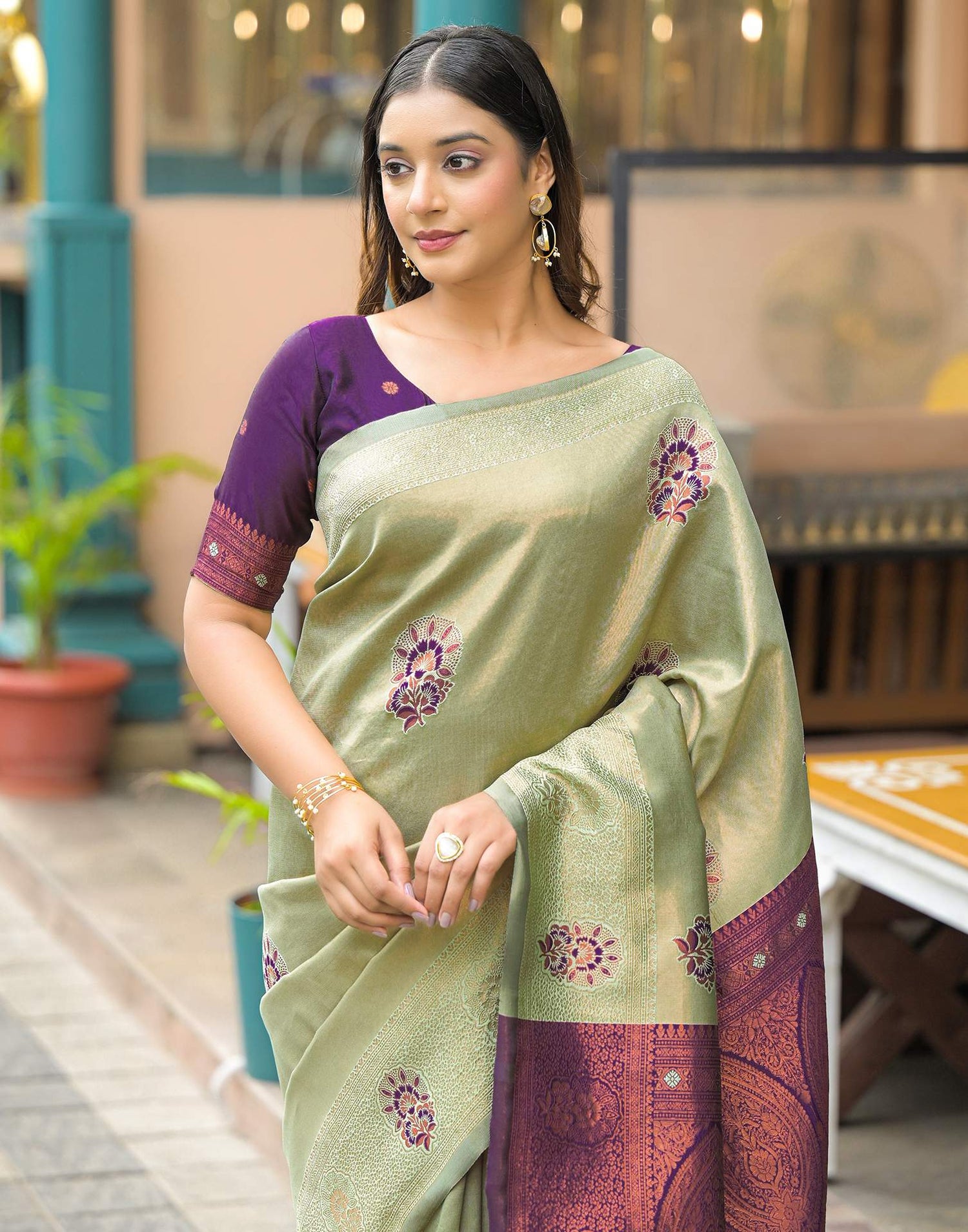 Tea Green Silk Woven Saree