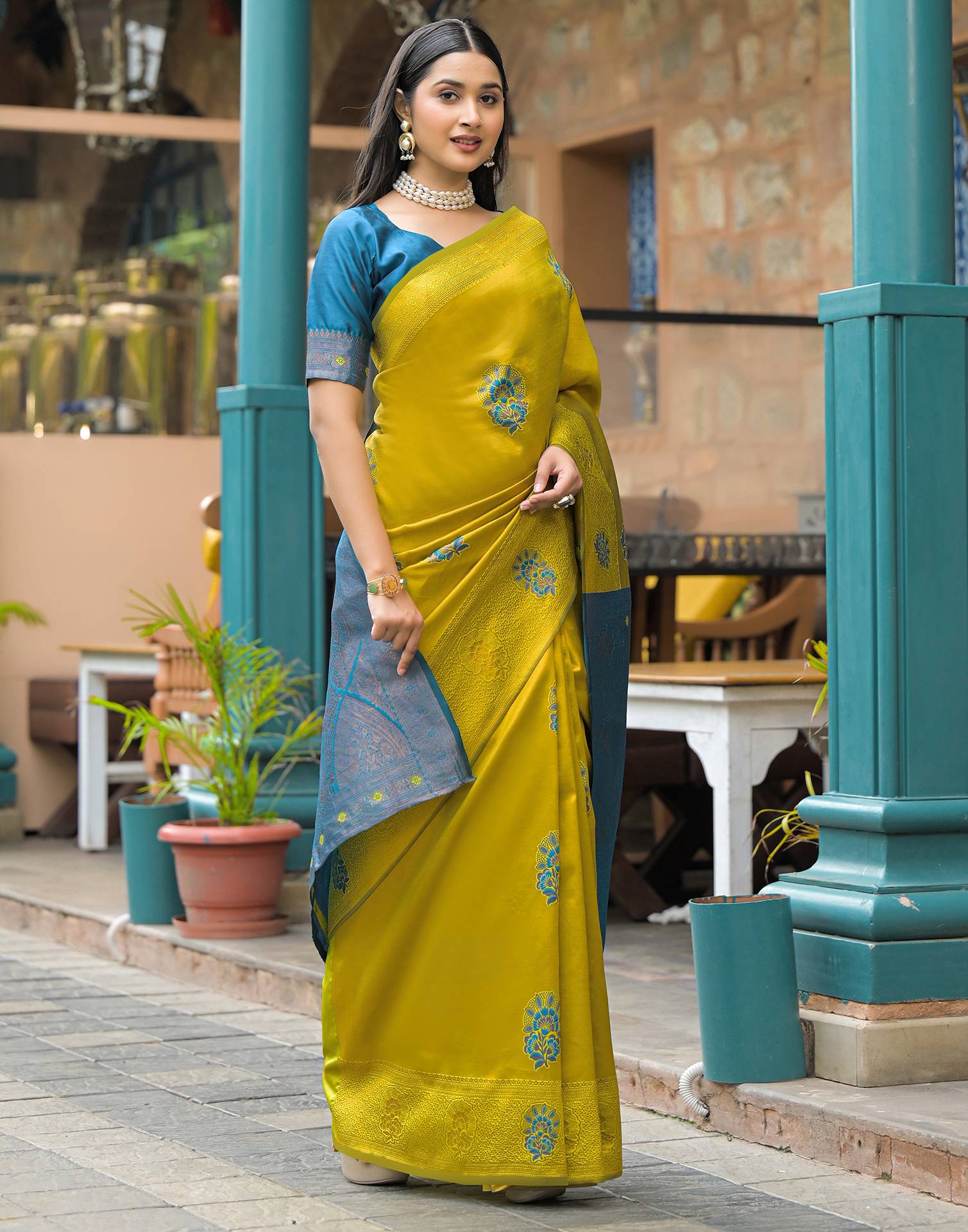 Lime Green Silk Woven Saree