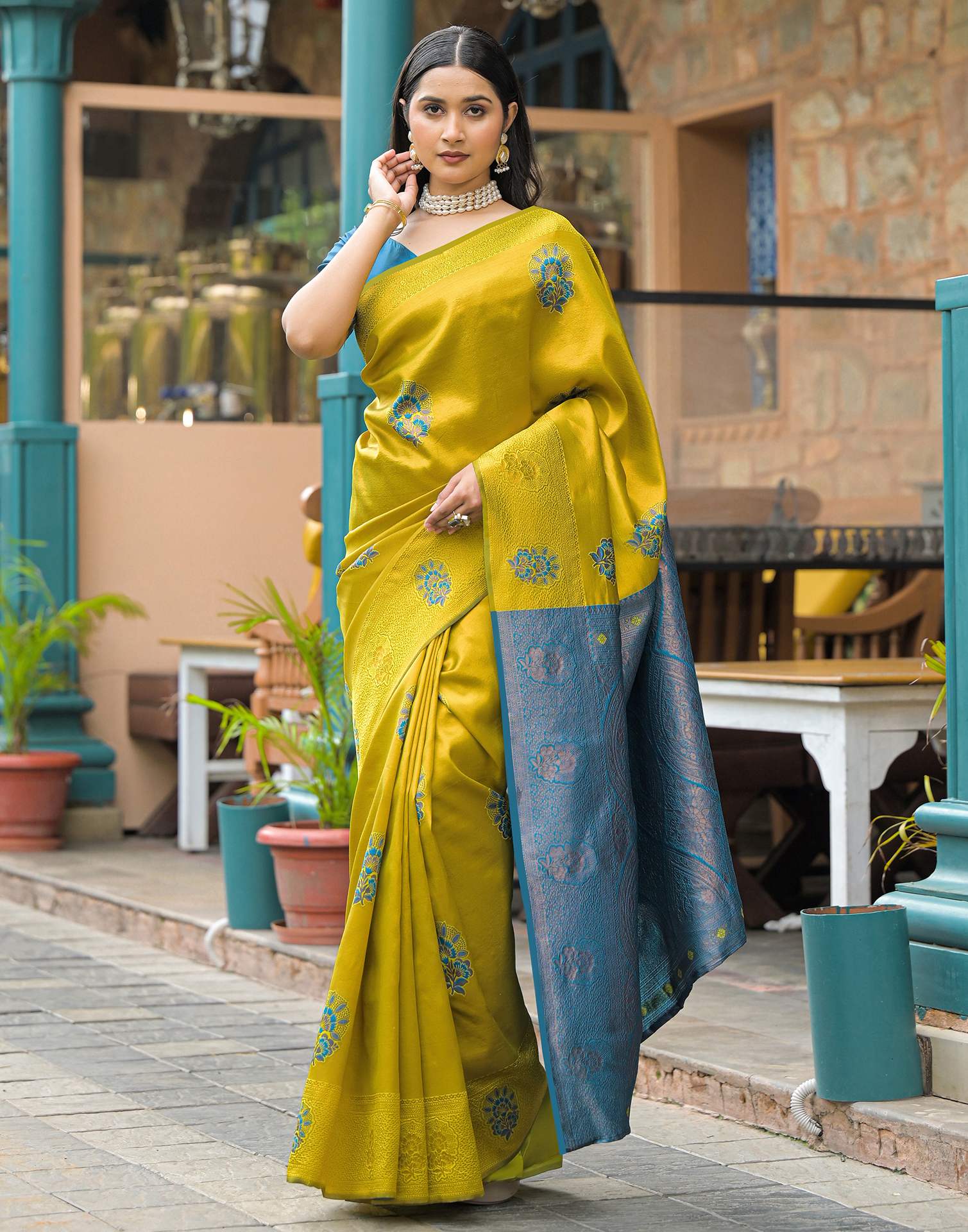 Lime Green Silk Woven Saree