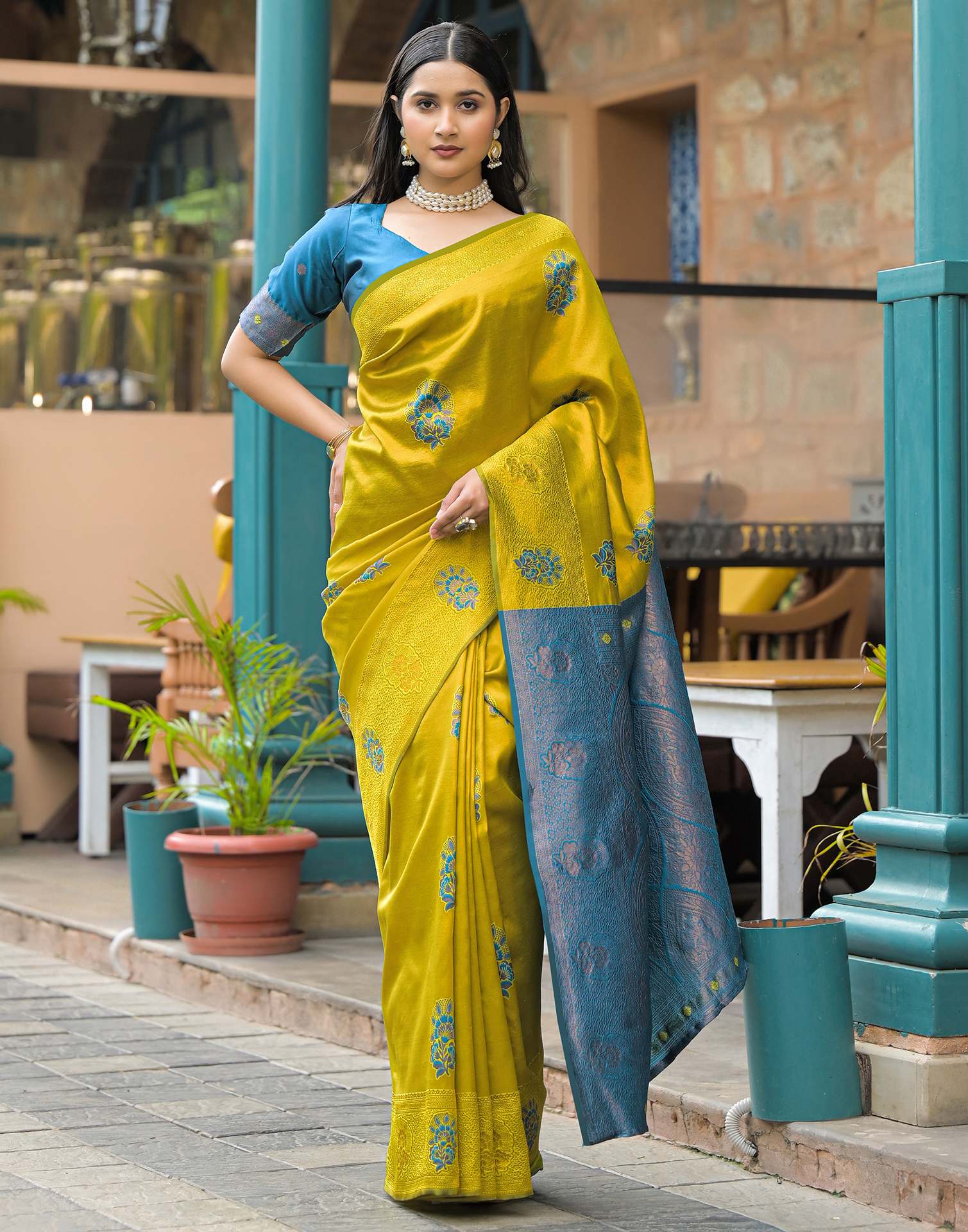 Lime Green Silk Woven Saree
