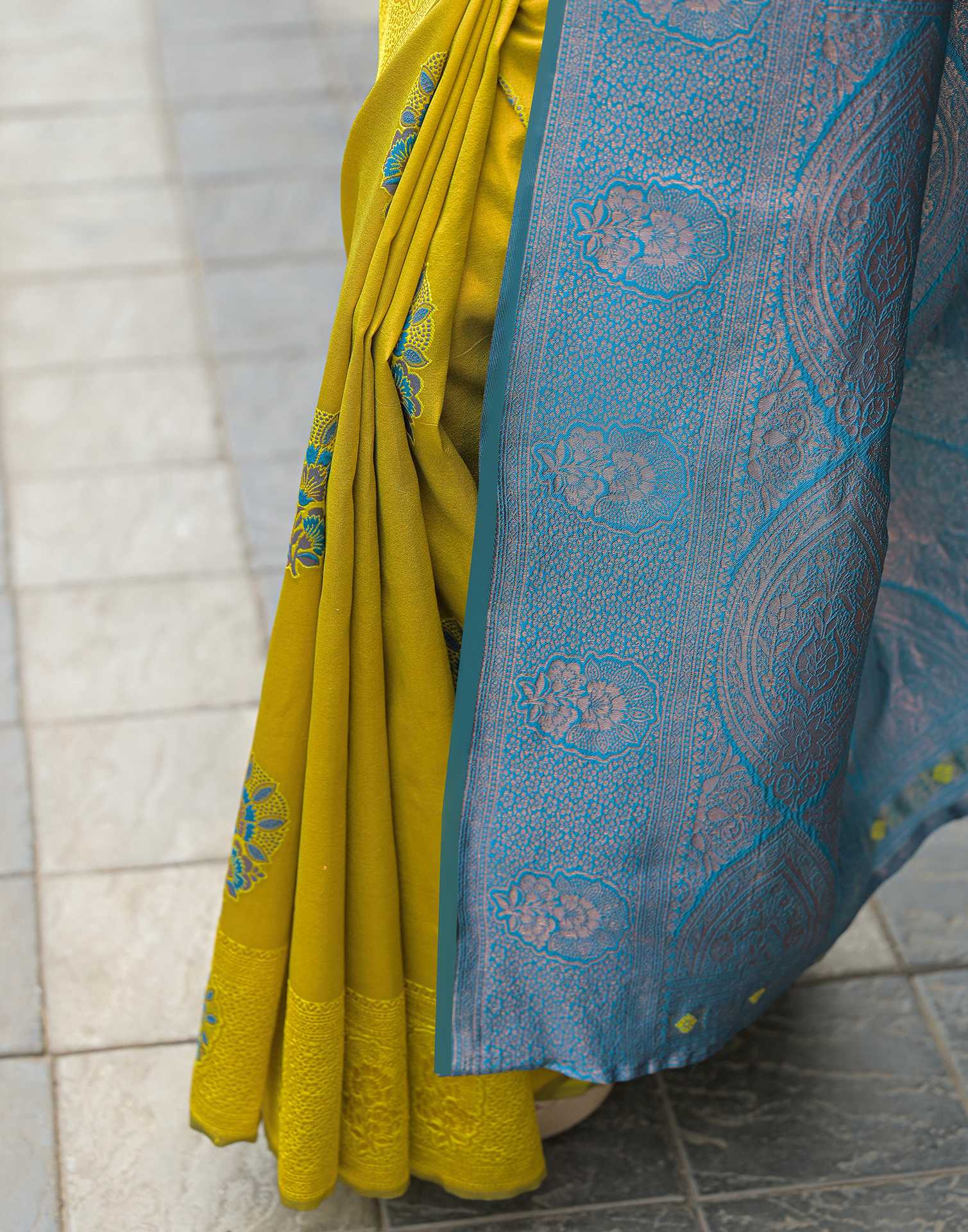 Lime Green Silk Woven Saree